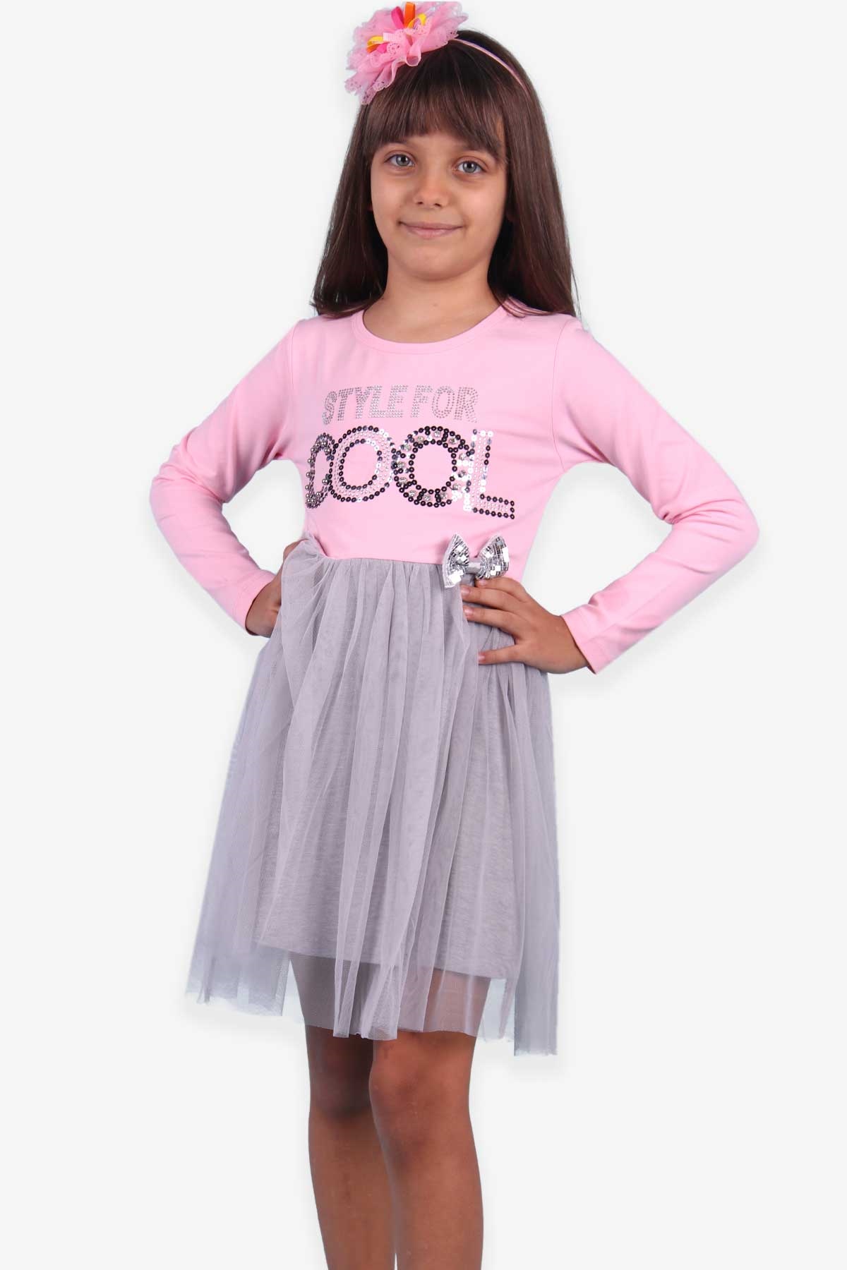 Breeze Kız Çocuk Uzun Kollu Elbise Pullu Fiyonklu Pembe (6-12 Yaş)