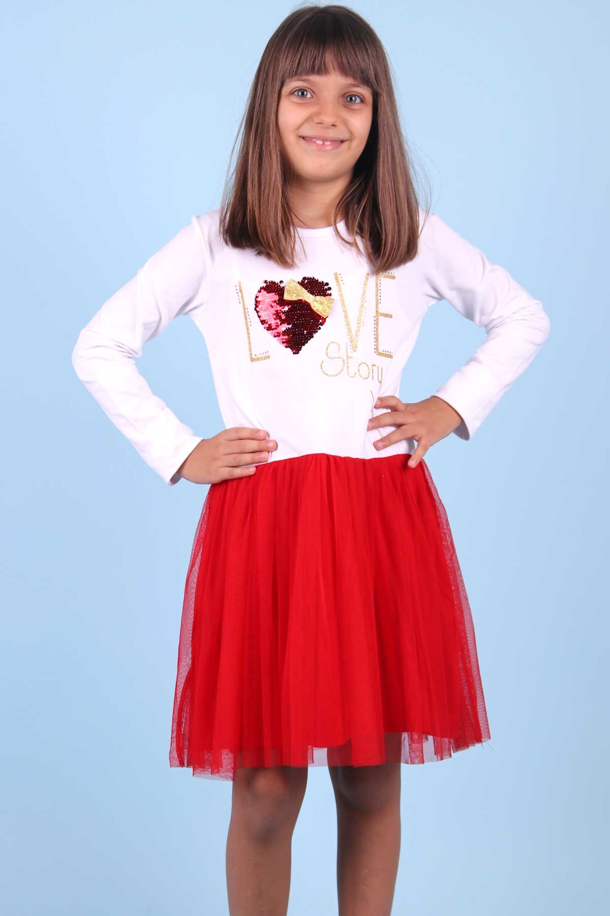 Breeze Kız Çocuk Uzun Kollu Elbise Pullu Kalpli Beyaz (6-12 Yaş)