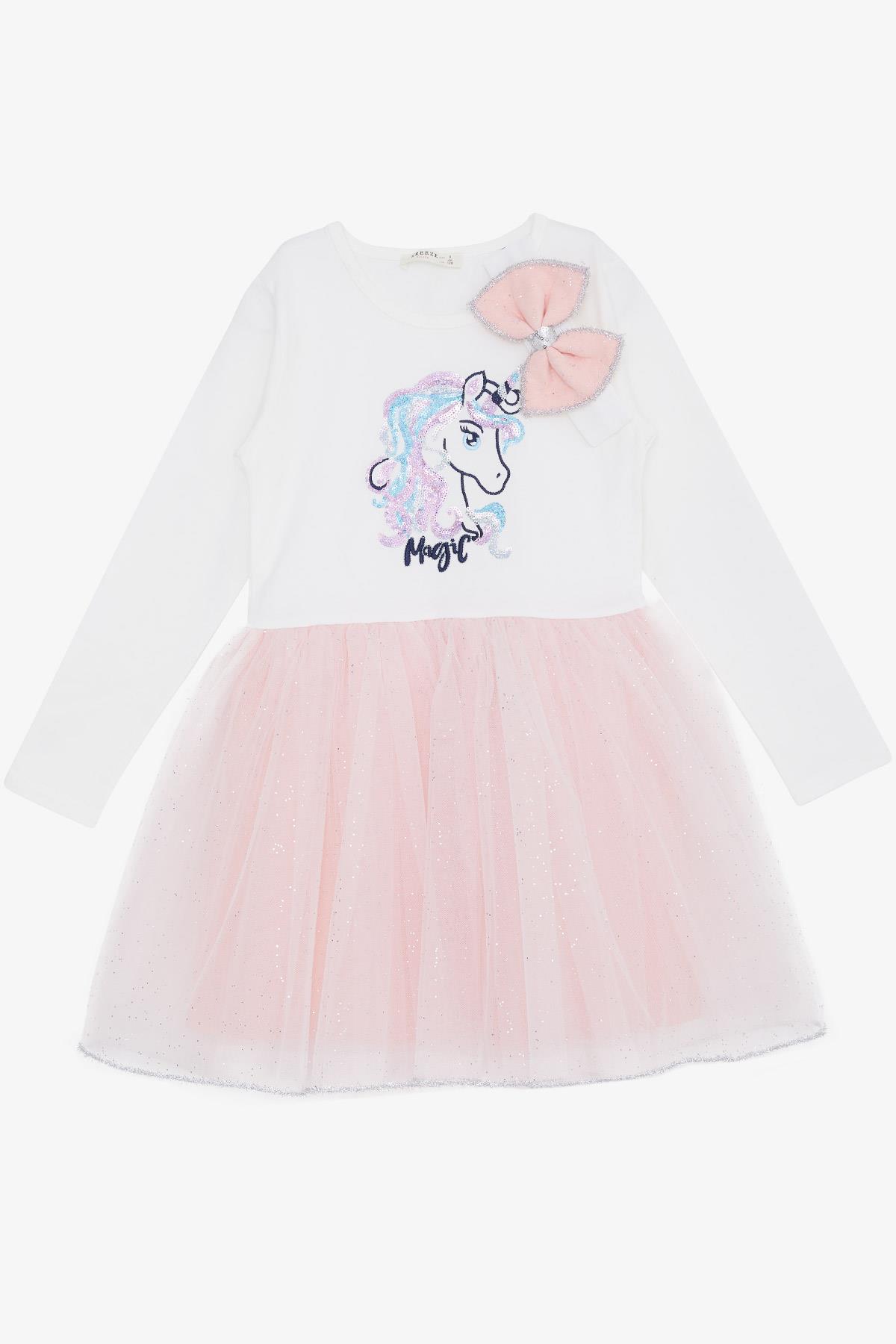 Breeze Kız Çocuk Uzun Kollu Elbise Pullu Unicorn Nakışlı Pudra (5-10 Yaş)