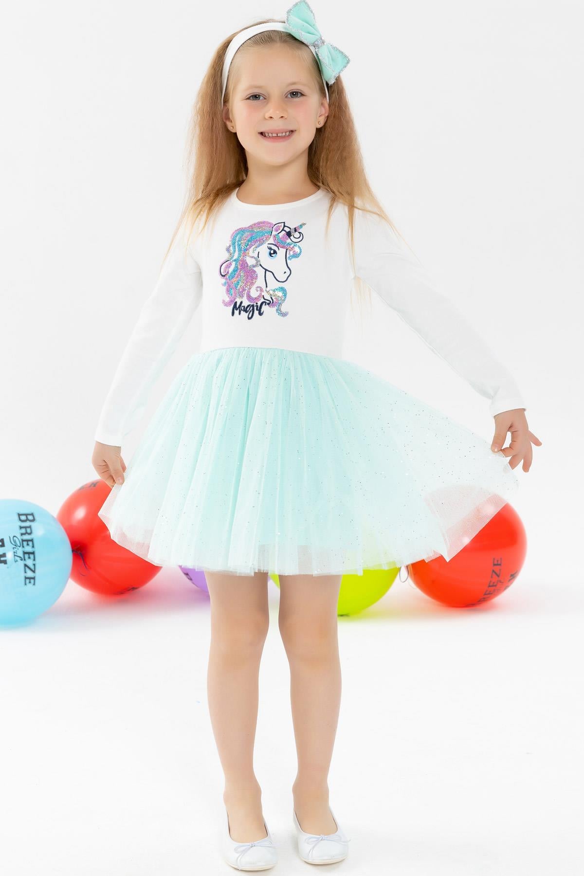 Breeze Kız Çocuk Uzun Kollu Elbise Pullu Unicorn Nakışlı Su Yeşili (10 Yaş)