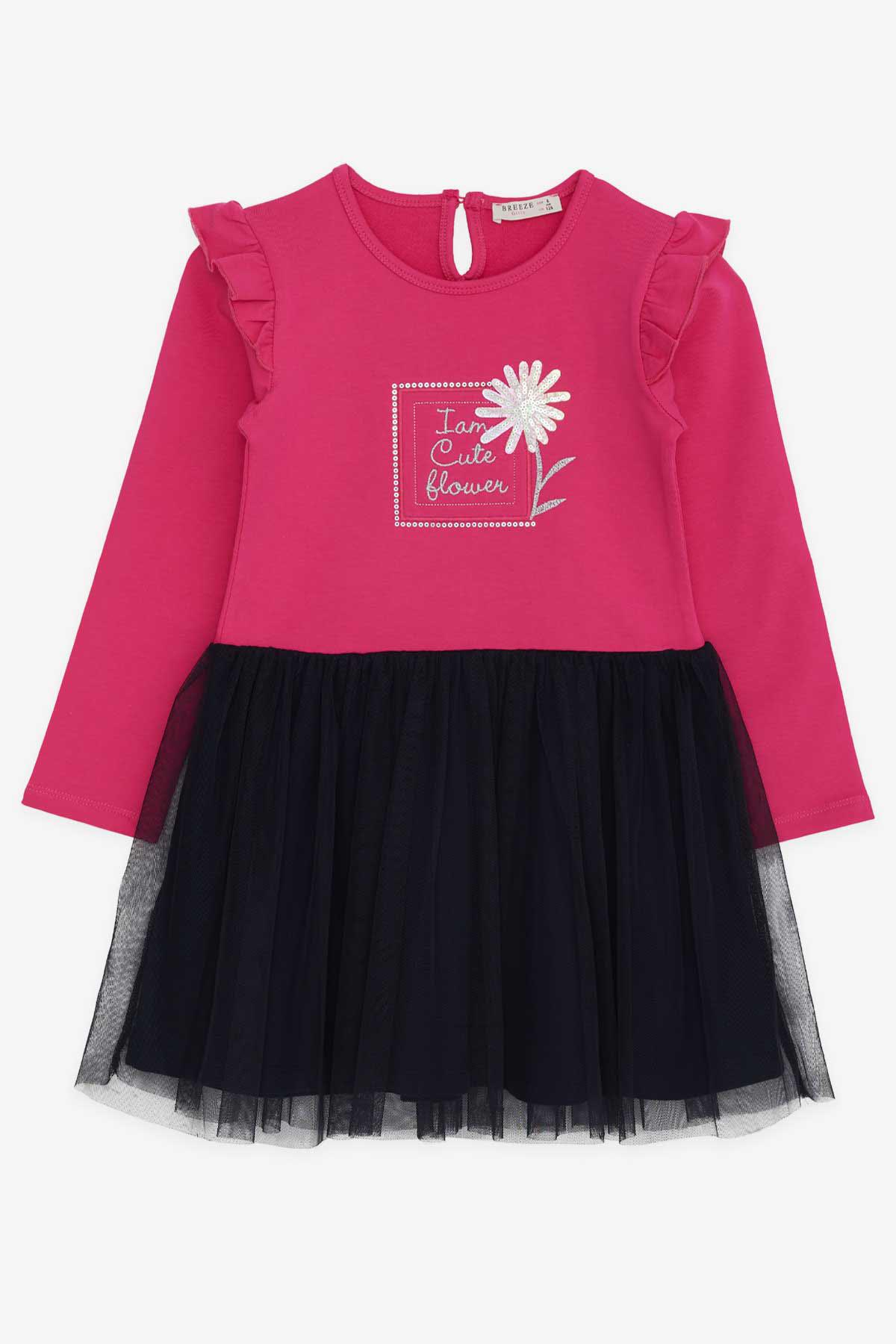 Kız Çocuk Uzun Kollu Elbise Pullu Çiçek Baskılı Fuşya 3-8 Yaş - Kışlık  Baharlık Elbiseler | Breeze