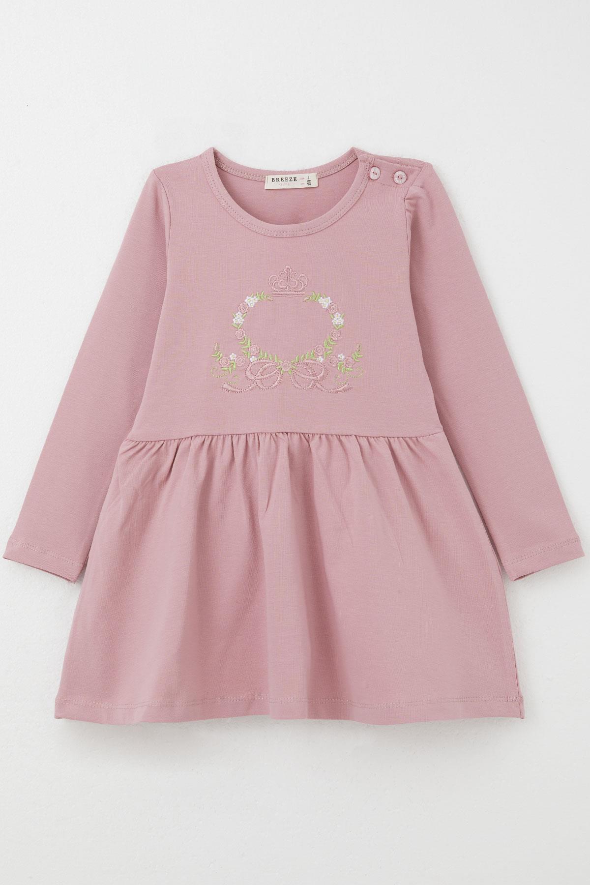 Breeze Kız Çocuk Uzun Kollu Elbise Renkli Çiçek Nakışlı Gülkurusu (1.5-5 Yaş)