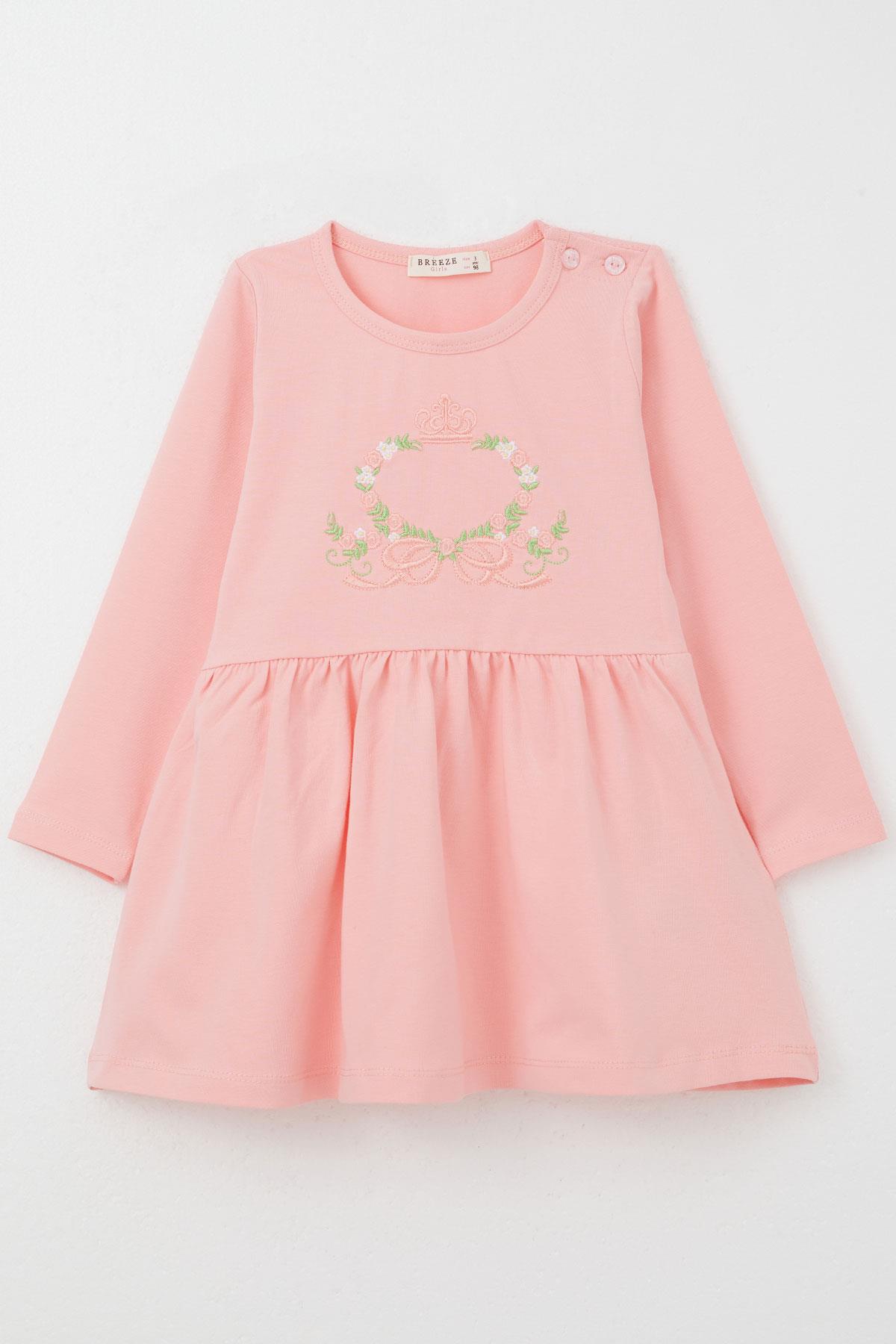 Breeze Kız Çocuk Uzun Kollu Elbise Renkli Çiçek Nakışlı Pembe (1.5-5 Yaş)