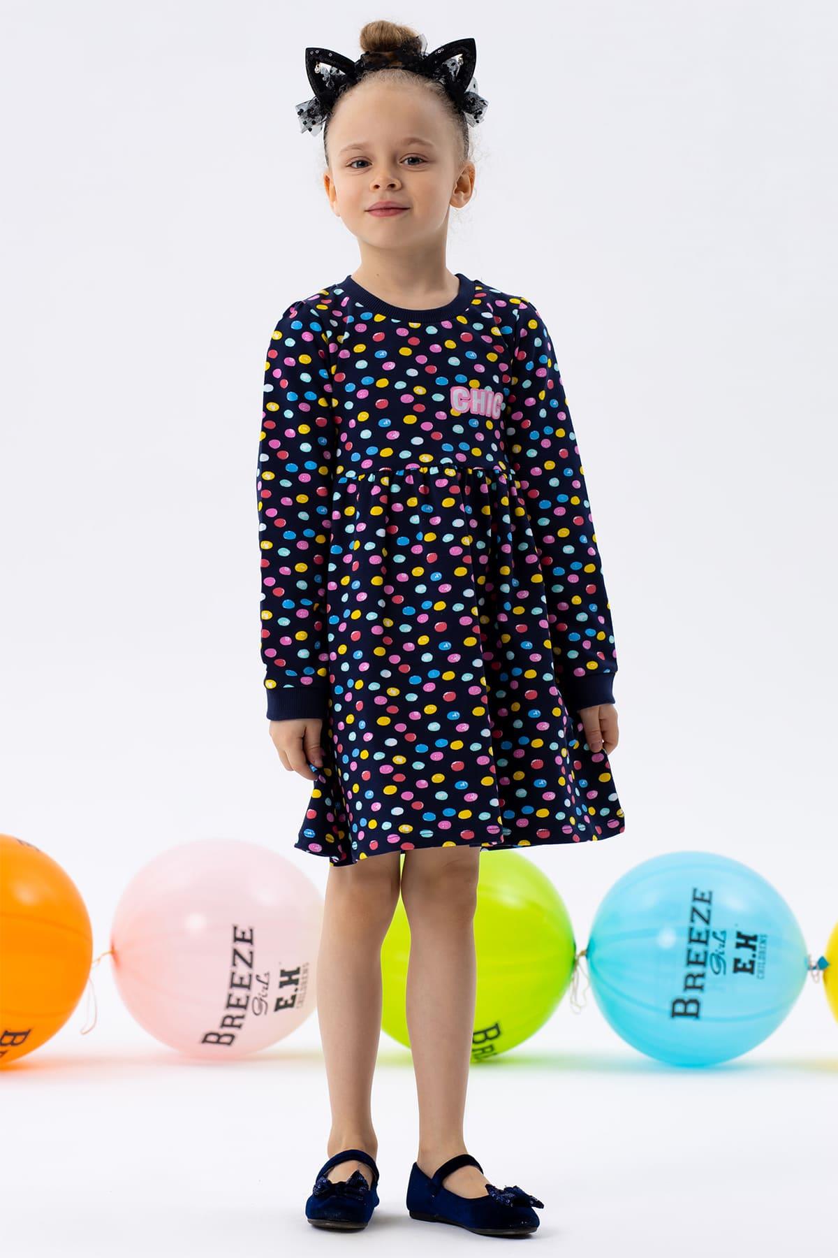 Kız Çocuk Uzun Kollu Elbise Renkli Puantiye Desenli Lacivert 1.5-4 Yaş -  Kışlık Baharlık Elbiseler | Breeze