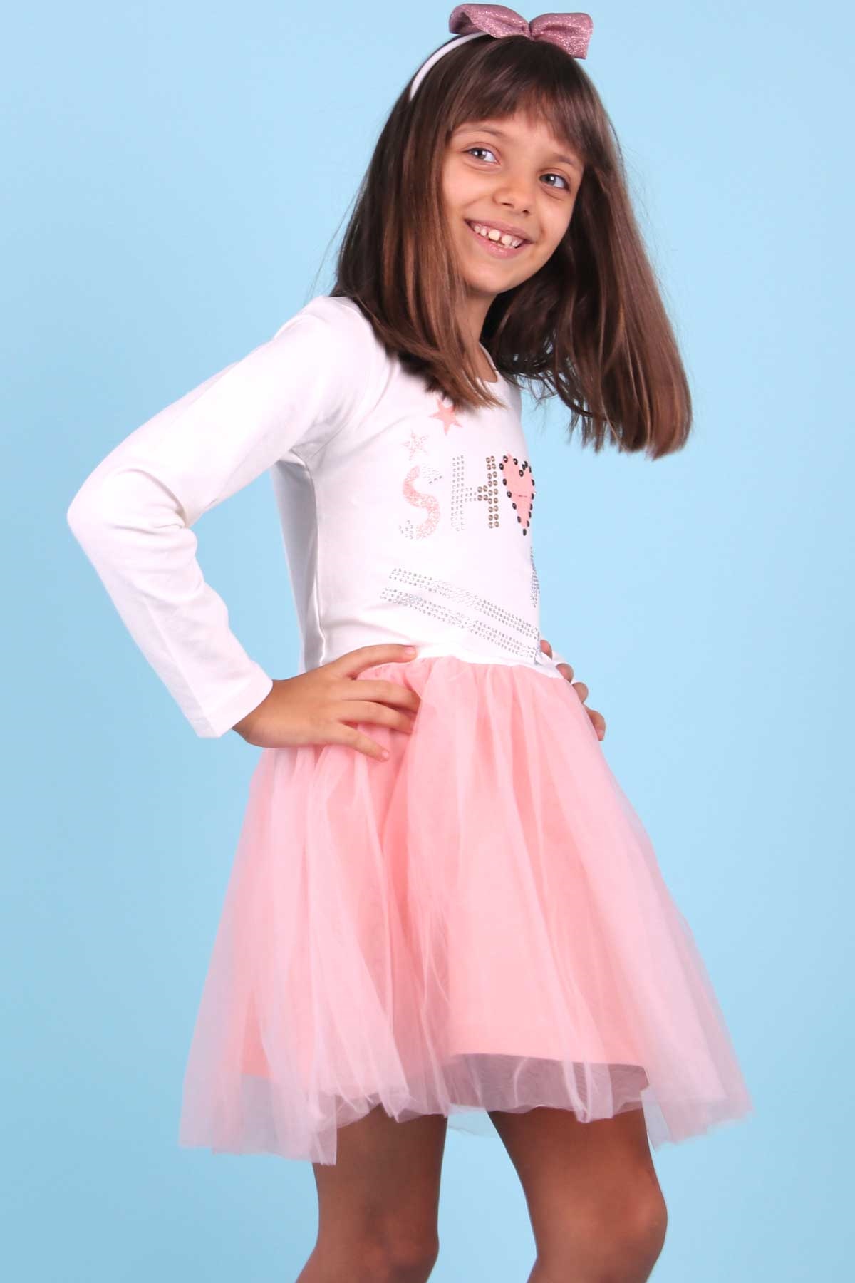 Breeze Kız Çocuk Uzun Kollu Elbise Simli Taşlı Ekru (6-12 Yaş)