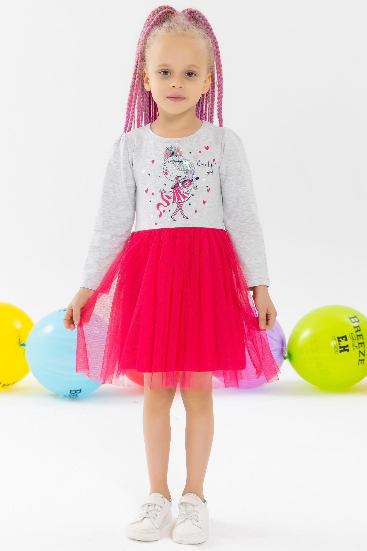 Kız Çocuk Uzun Kollu Elbise Süslü Kız Baskılı Gri Melanj 2-3 Yaş - Kışlık  Baharlık Elbiseler | Breeze