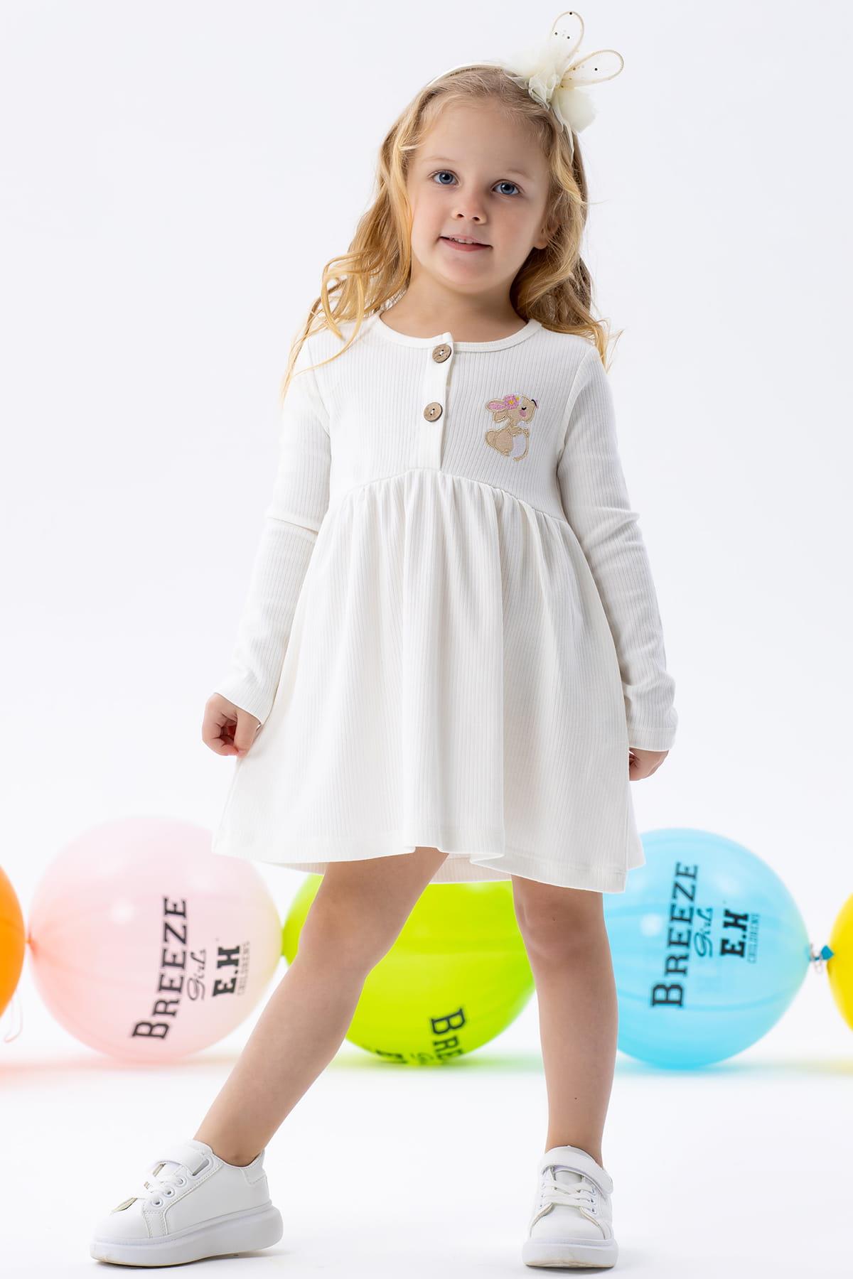 Kız Çocuk Uzun Kollu Elbise Tavşancık Nakışlı Ekru 1-3 Yaş - Kışlık  Baharlık Elbiseler | Breeze
