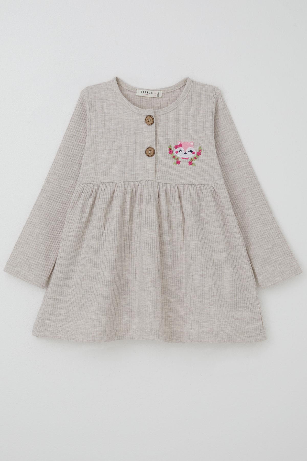 Breeze Kız Çocuk Uzun Kollu Elbise Tilkicik Nakışlı Bej Melanj (1.5-5 Yaş)