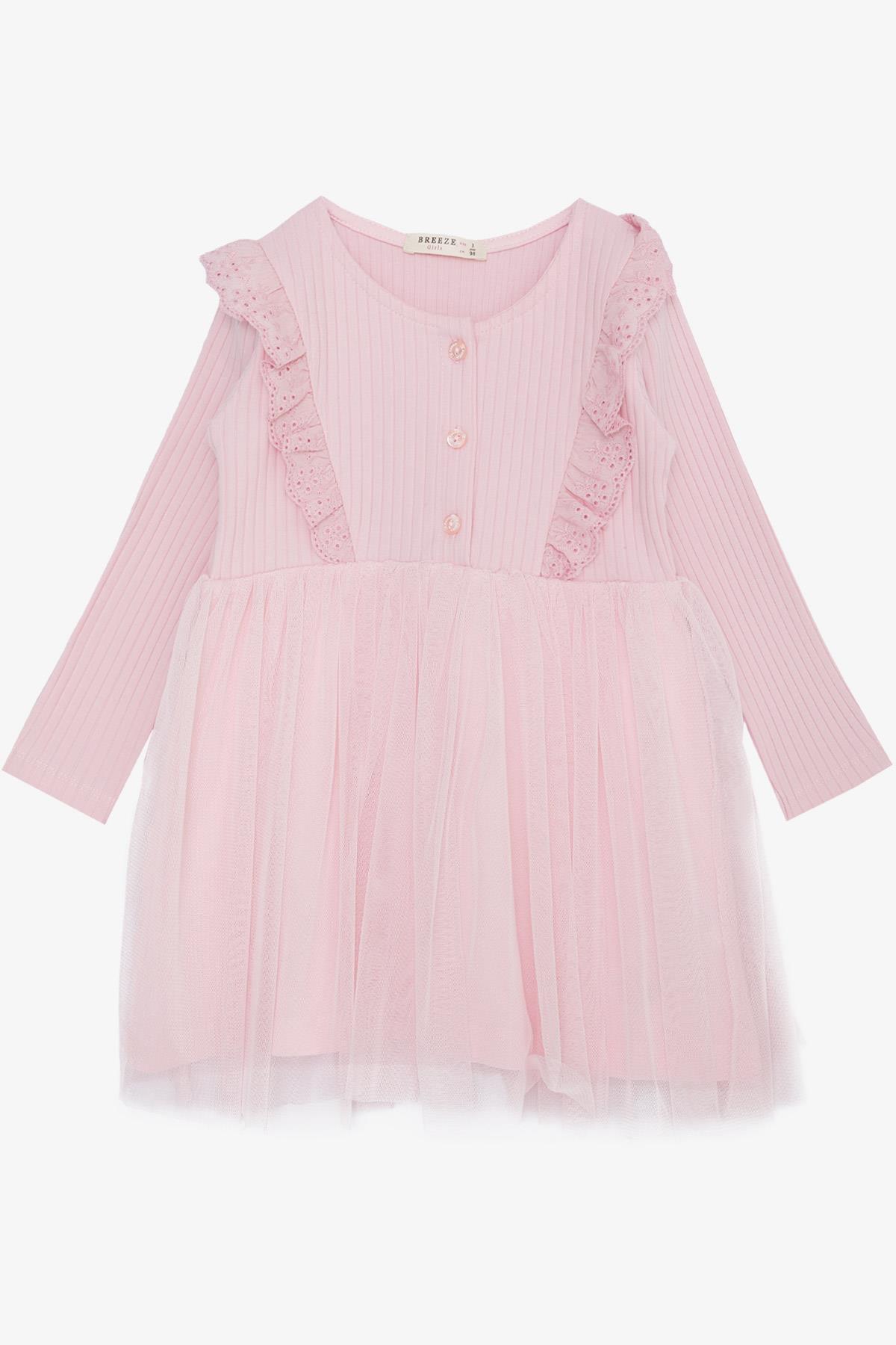 Breeze Kız Çocuk Uzun Kollu Elbise Tüllü Nakışlı Düğmeli Pembe (1.5-5 Yaş)