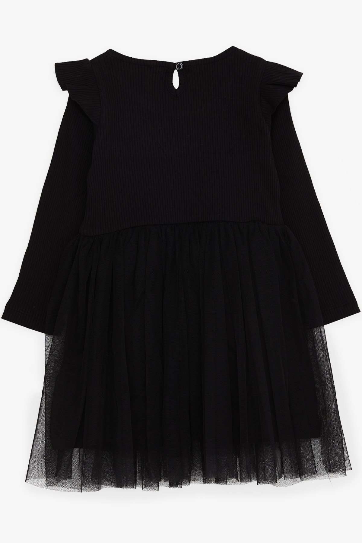 Kız Çocuk Uzun Kollu Elbise Tüllü Omuzu Fırfırlı Siyah 3-8 Yaş - Kışlık  Baharlık Elbiseler | Breeze