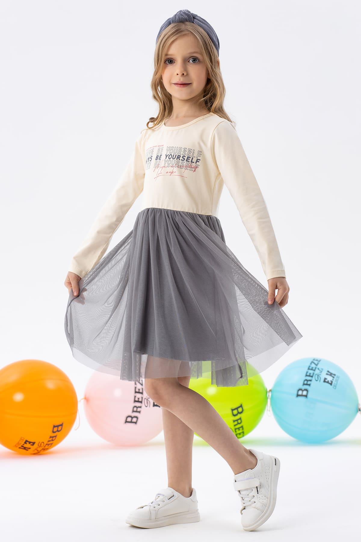 Kız Çocuk Uzun Kollu Elbise Tüllü Yazı Baskılı Krem 8-11 Yaş - Kışlık  Baharlık Elbiseler | Breeze