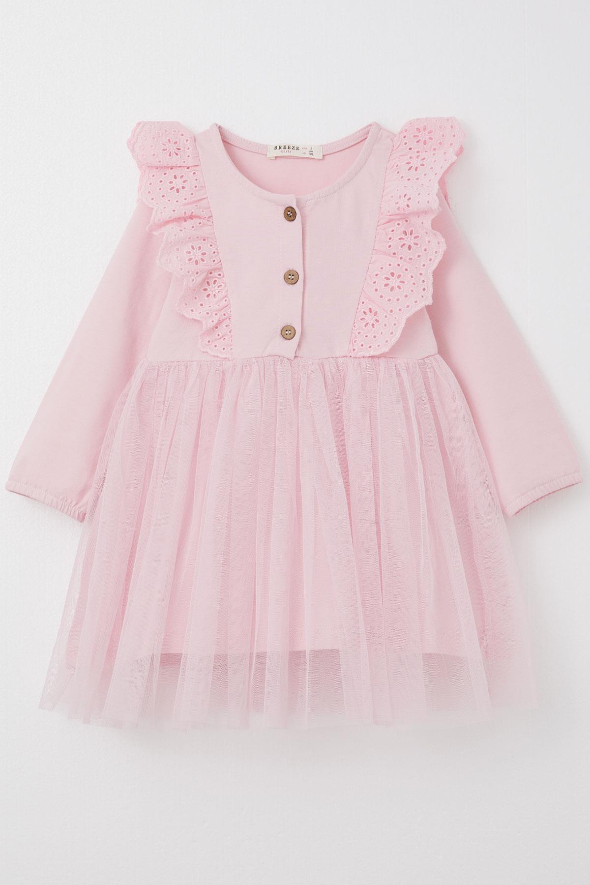 Breeze Kız Çocuk Uzun Kollu Elbise Tüllü Güpürlü Pembe (1.5-5 Yaş)