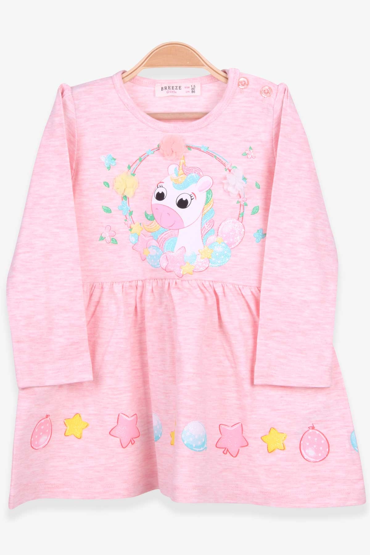 Breeze Kız Çocuk Uzun Kollu Elbise Unicorn Baskılı Somon Melanj (1.5-5 Yaş)