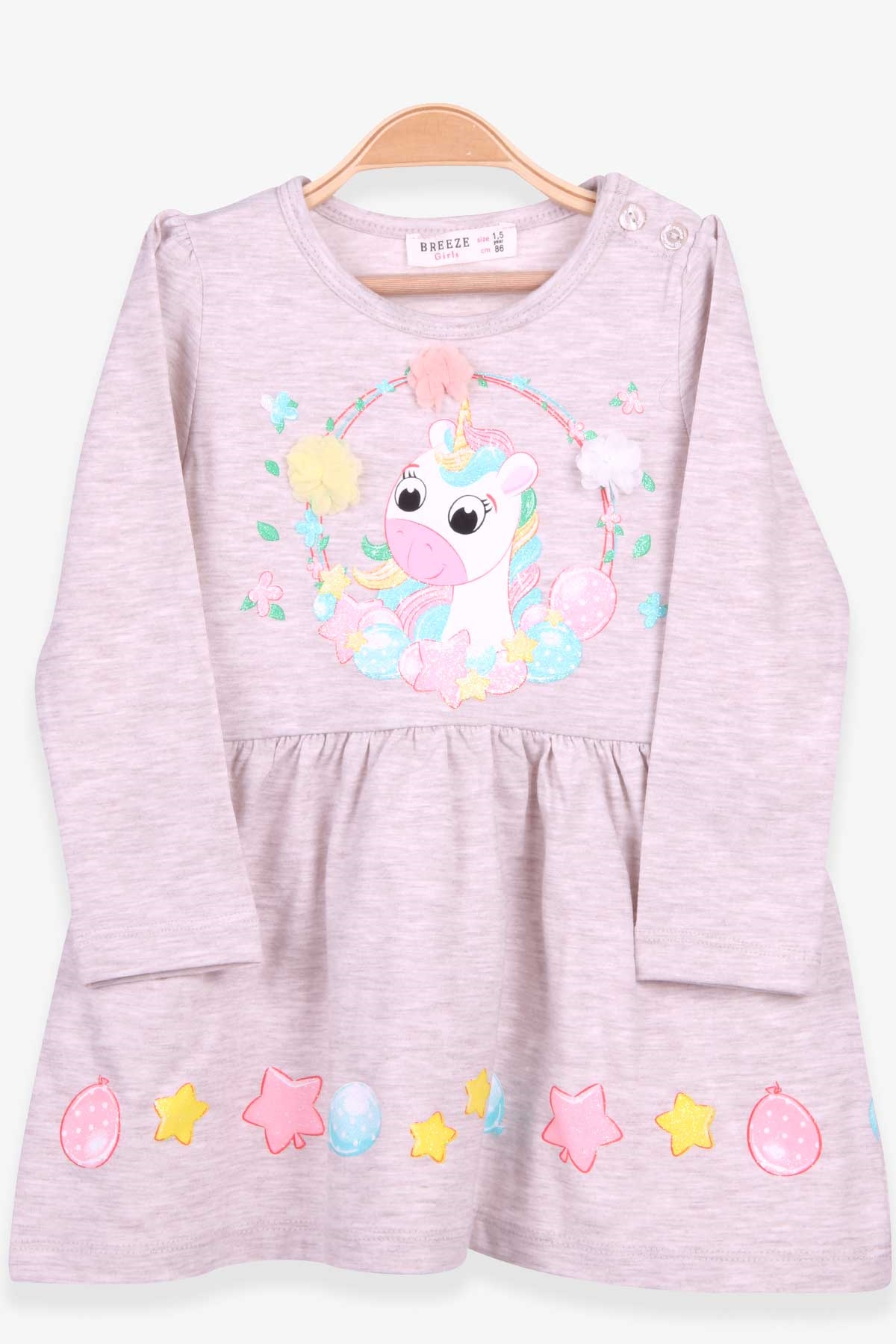 Breeze Kız Çocuk Uzun Kollu Elbise Unicorn Baskılı Bej Melanj (1.5-5 Yaş)