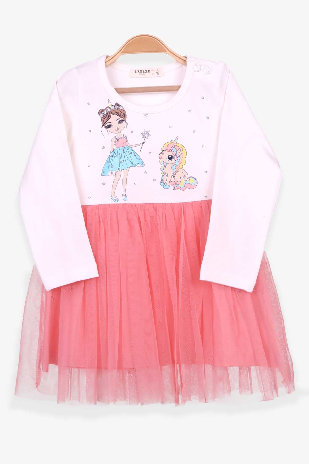 Breeze Kız Çocuk Uzun Kollu Elbise Unicorn Baskılı Ekru (2-6 Yaş)