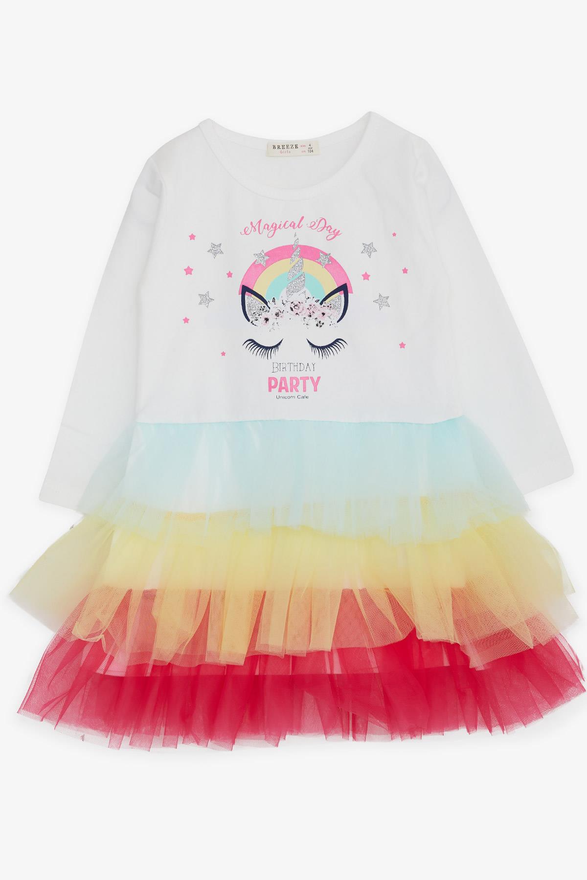 Breeze Kız Çocuk Uzun Kollu Elbise Unicorn Baskılı Beyaz (4-8 Yaş)