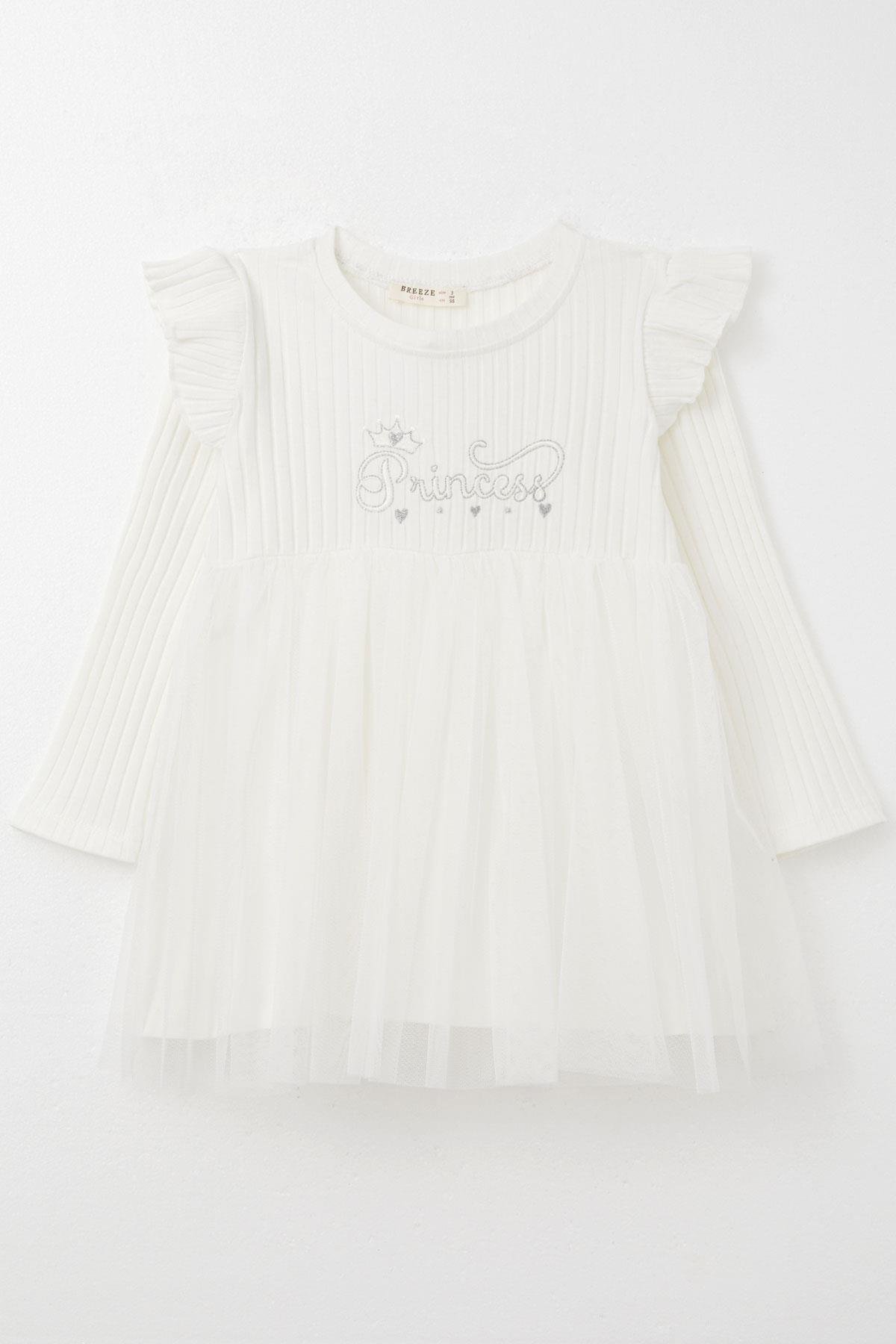 Breeze Kız Çocuk Uzun Kollu Elbise Yazı Nakışlı Ekru (1.5-5 Yaş)