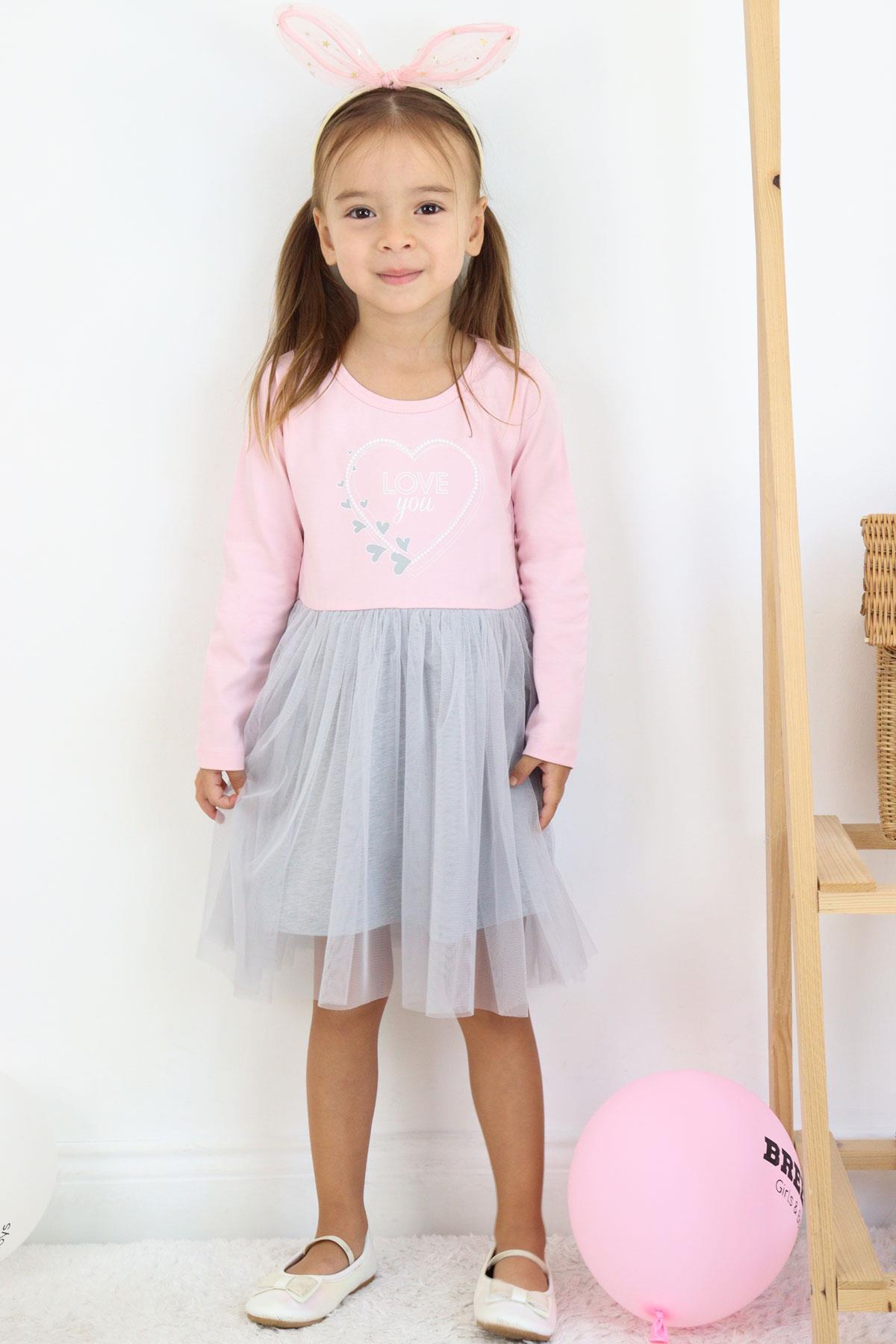 Breeze Kız Çocuk Uzun Kollu Elbise Yazı Baskılı Kalpli Pembe (1.5-5 Yaş)