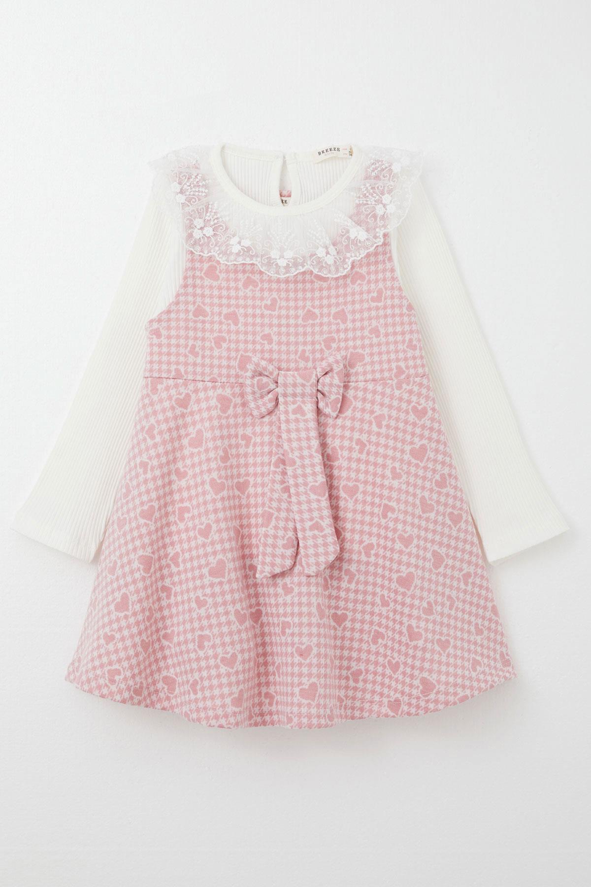 Breeze Kız Çocuk Uzun Kollu Jile Elbise Bodyli Kalp Desenli Pembe (3-8 Yaş)