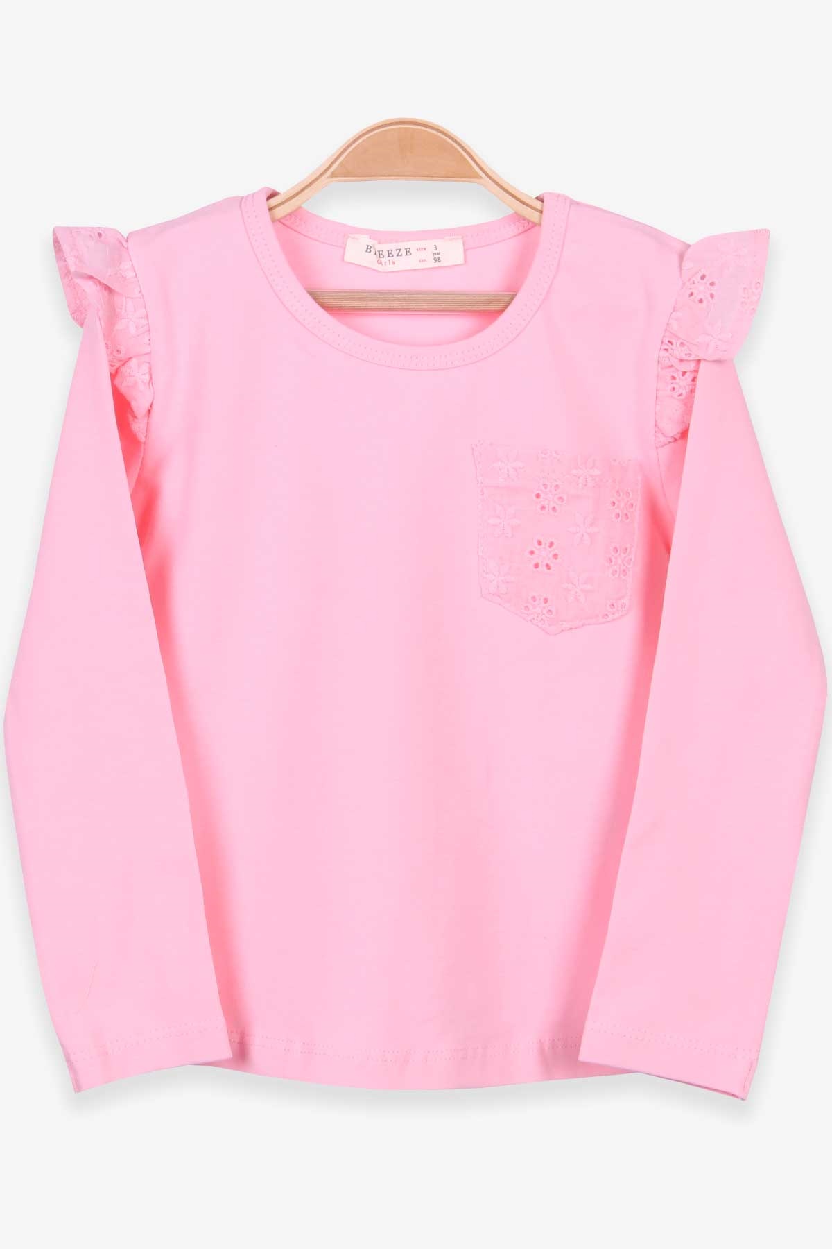 Breeze Kız Çocuk Uzun Kollu Tişört Basic Güpürlü Pudra (3-8 Yaş)