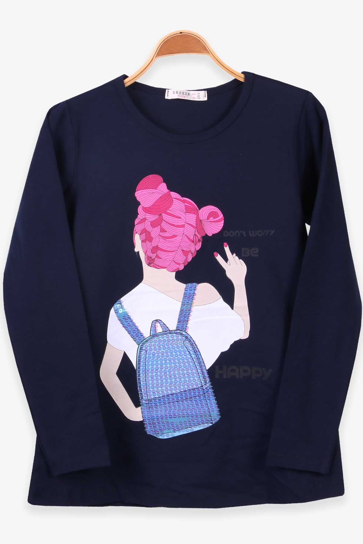 Breeze Kız Çocuk Uzun Kollu Tişört Baskılı Pullu Lacivert (10-15 Yaş)