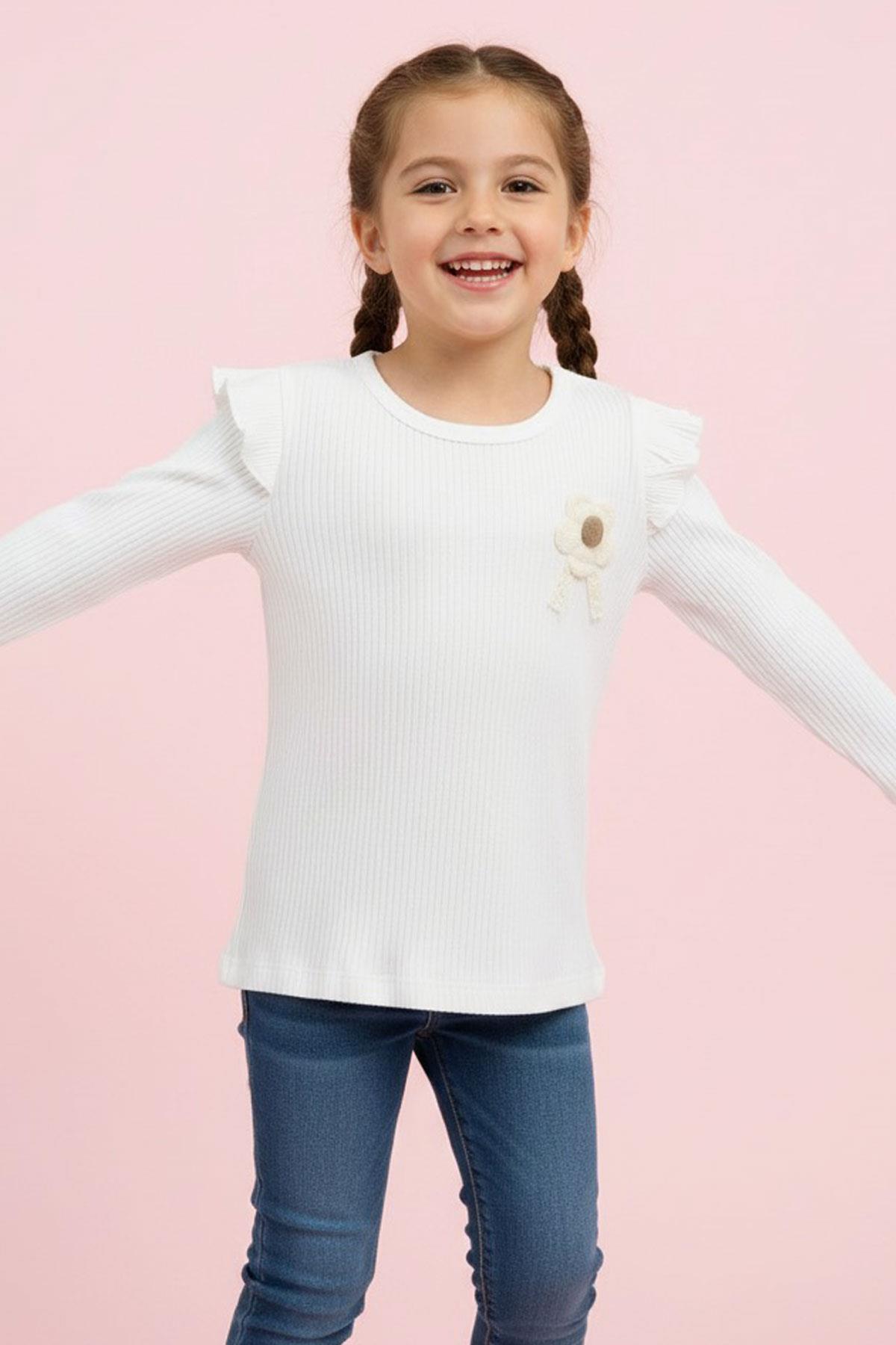 Breeze Kız Çocuk Uzun Kollu Tişört Çiçek Arma Detaylı Omuzu Fırfırlı Ekru (2-6 Yaş)