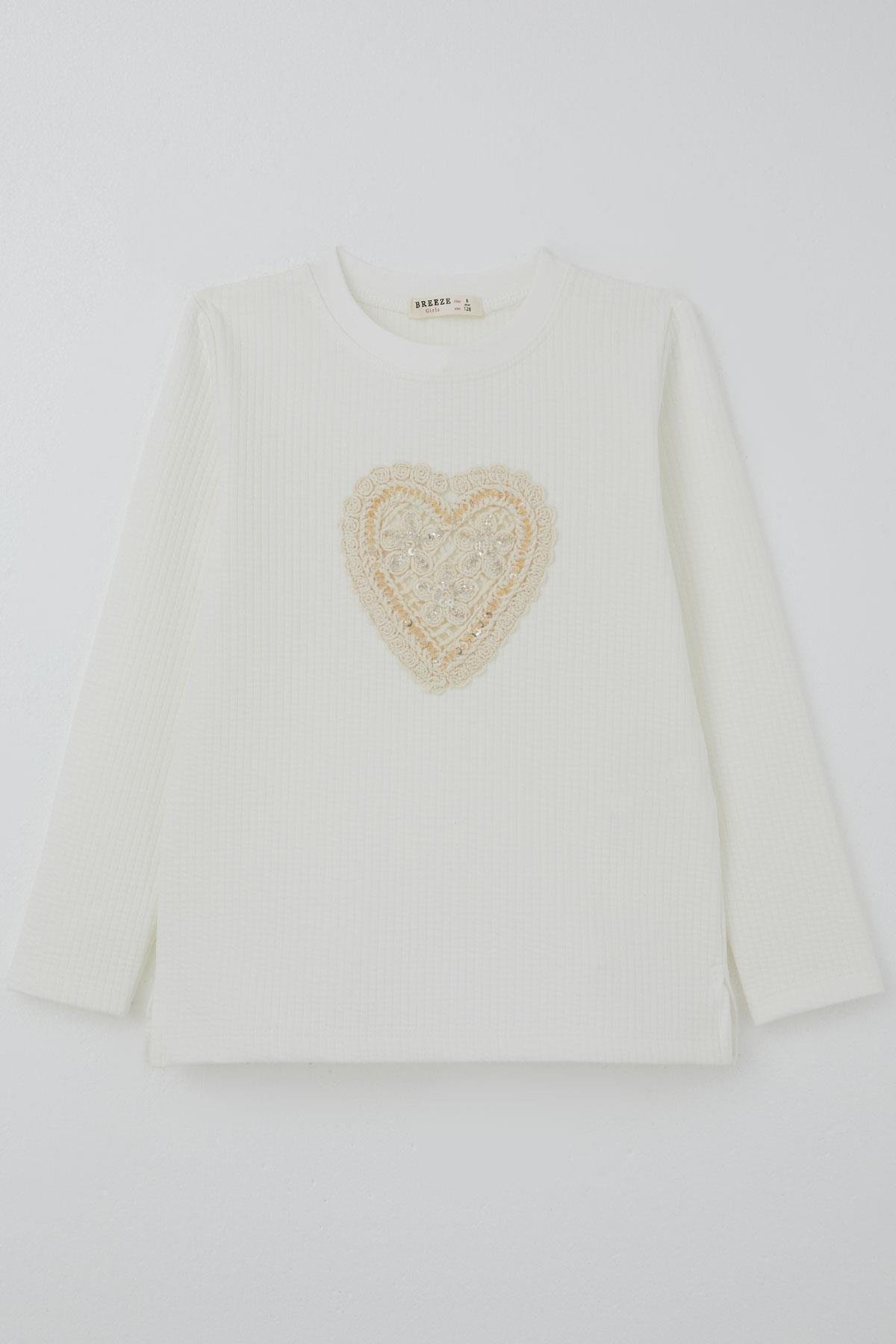 Breeze Kız Çocuk Uzun Kollu Tişört Dantel Aplike Kalp Armalı Pullu Ekru (4-8 Yaş)