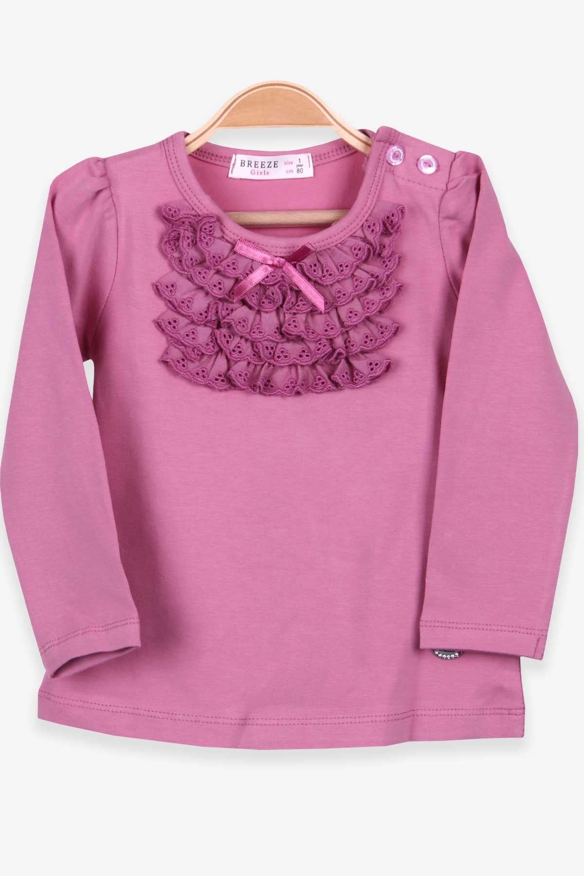 Breeze Kız Çocuk Uzun Kollu Tişört Güpürlü Fiyonklu Mürdüm (6 Ay-2 Yaş)