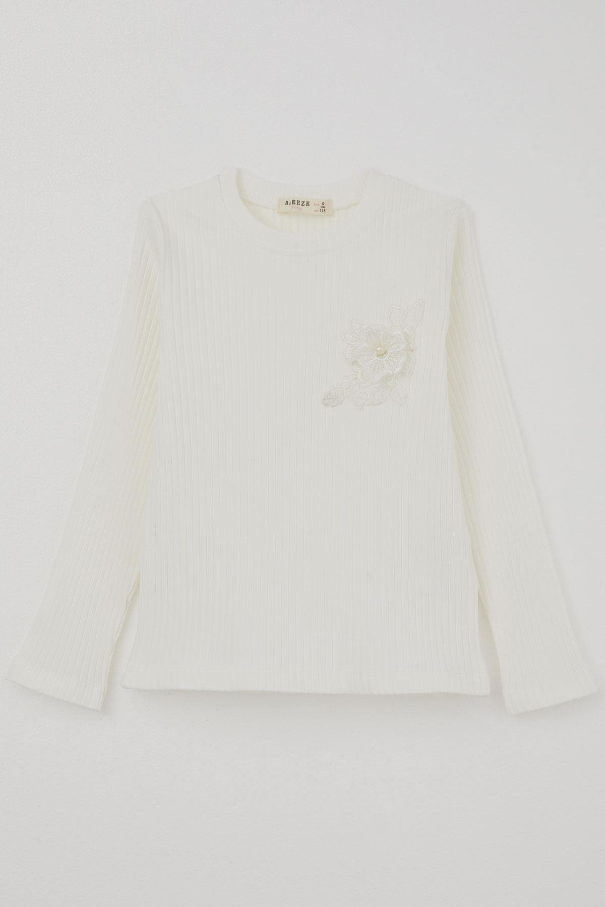 Breeze Kız Çocuk Uzun Kollu Tişört Güpür Armalı İncili Ekru (8-12 Yaş)