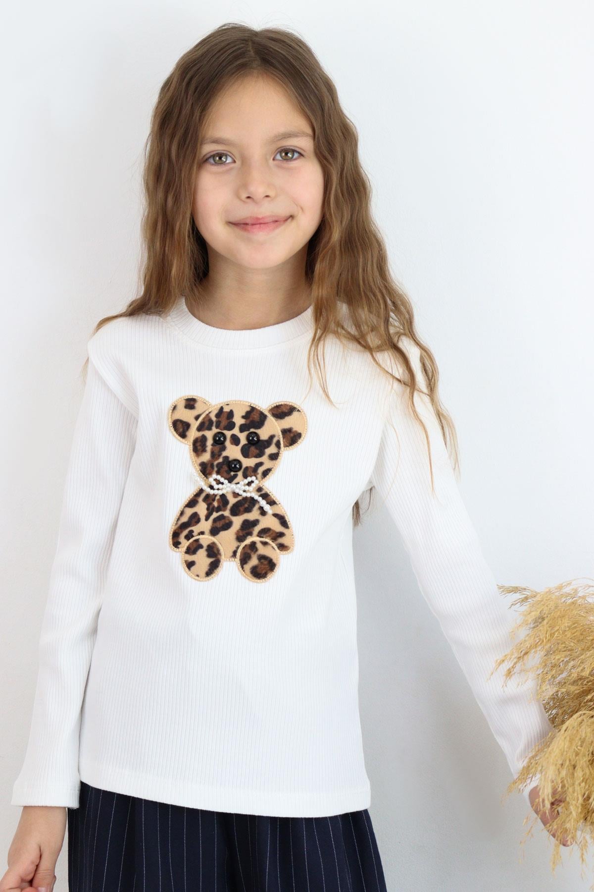 Breeze Kız Çocuk Uzun Kollu Tişört İncili Aplike Leopar Ayıcık Nakışlı Ekru (5-10 Yaş)
