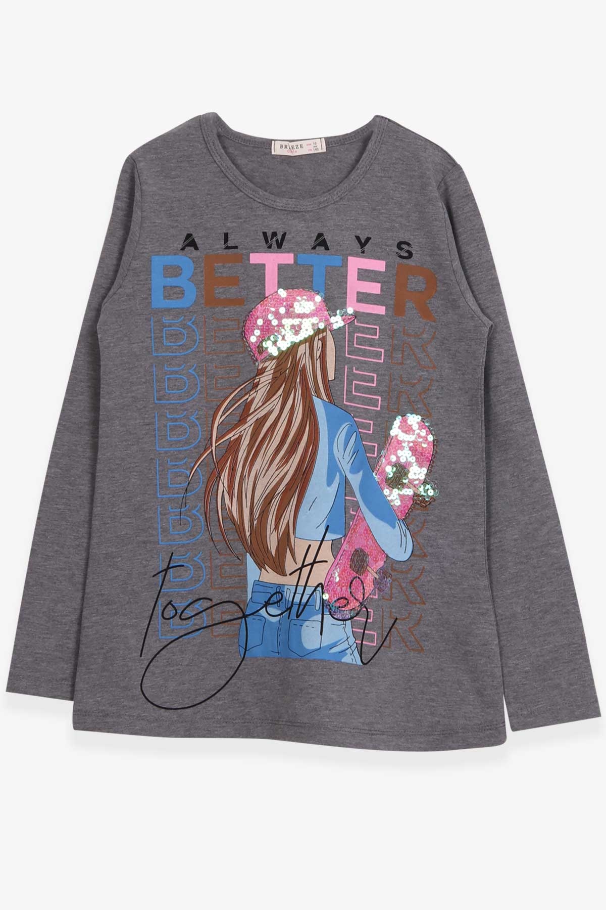 Breeze Kız Çocuk Uzun Kollu Tişört Kaykaycı Kız Baskılı Koyu Gri Melanj (10-16 Yaş)