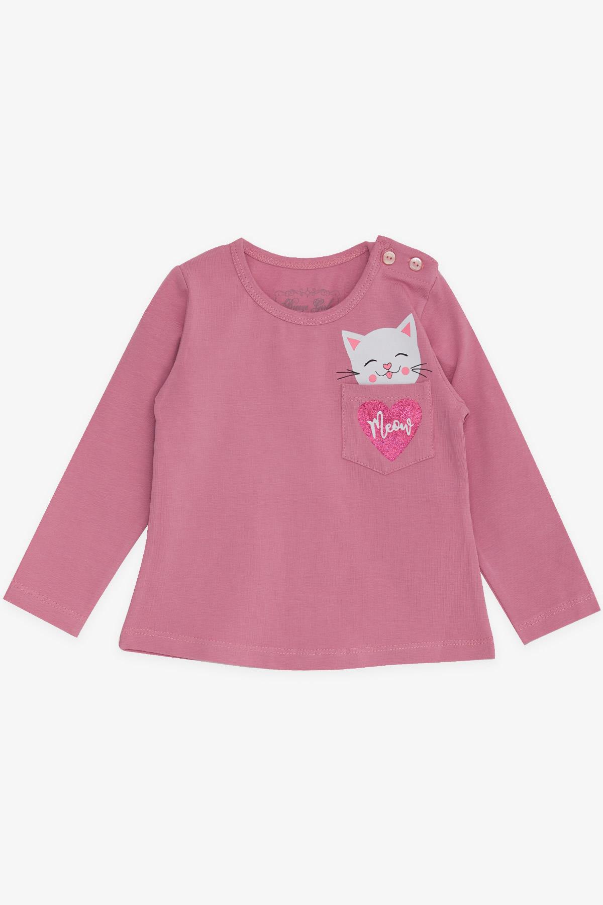 Breeze Kız Çocuk Uzun Kollu Tişört Kedi Baskılı Gülkurusu (1.5-5 Yaş)