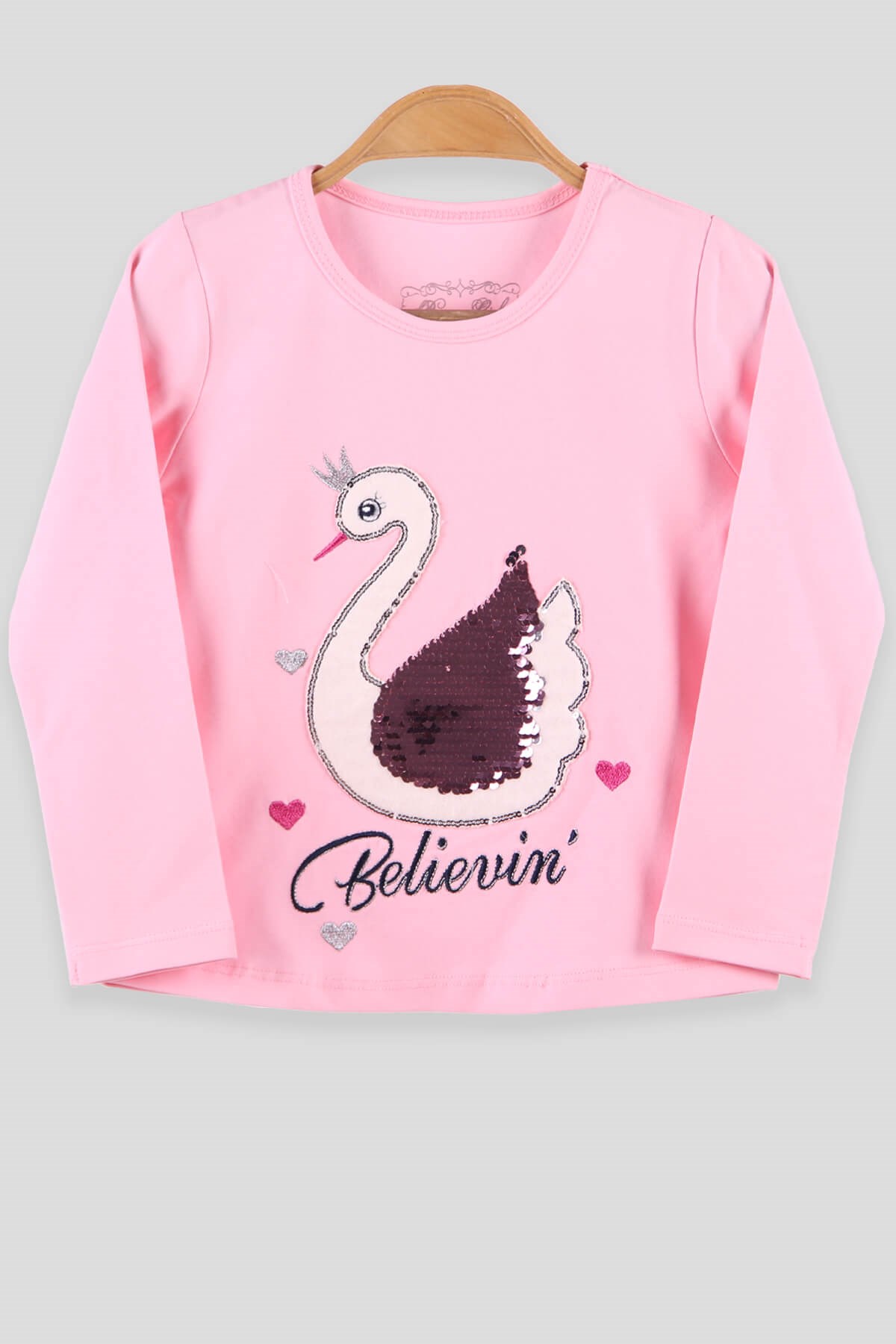 Breeze Kız Çocuk Uzun Kollu Tişört Kuğulu Pullu Pembe (2-6 Yaş)