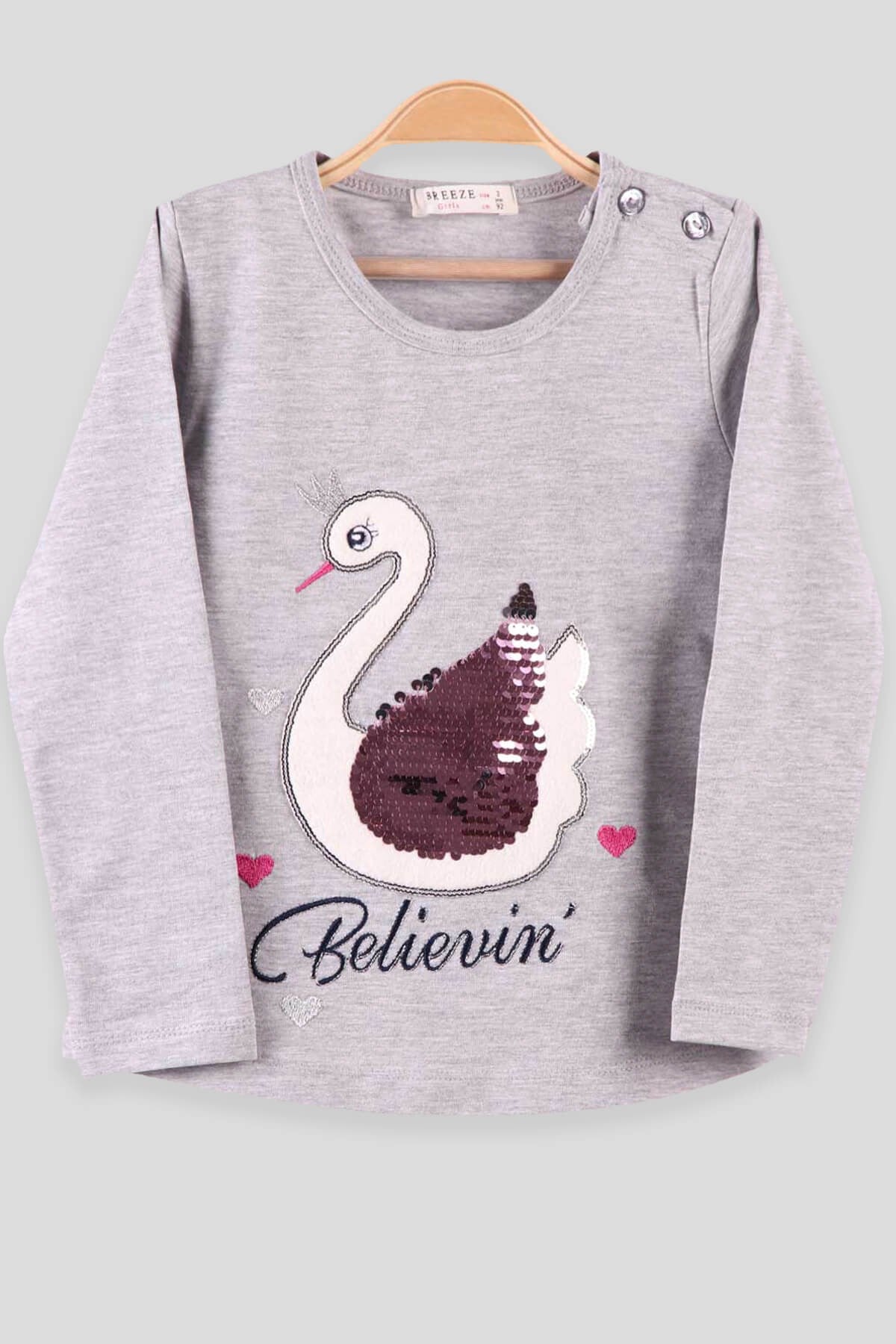 Breeze Kız Çocuk Uzun Kollu Tişört Kuğulu Pullu Gri (2-6 Yaş)