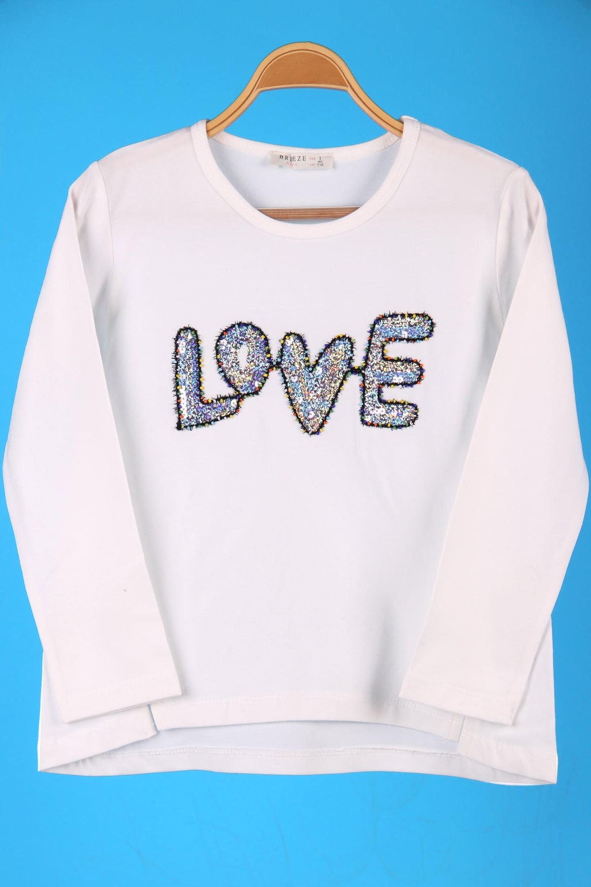 Breeze Kız Çocuk Uzun Kollu Tişört Love Pul İşlemeli Ekru (4-9 Yaş)