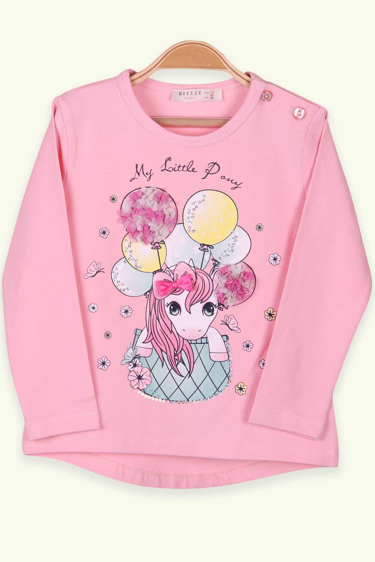 Breeze Kız Çocuk Uzun Kollu Tişört Midilli Baskılı Pudra (1.5-5 Yaş)