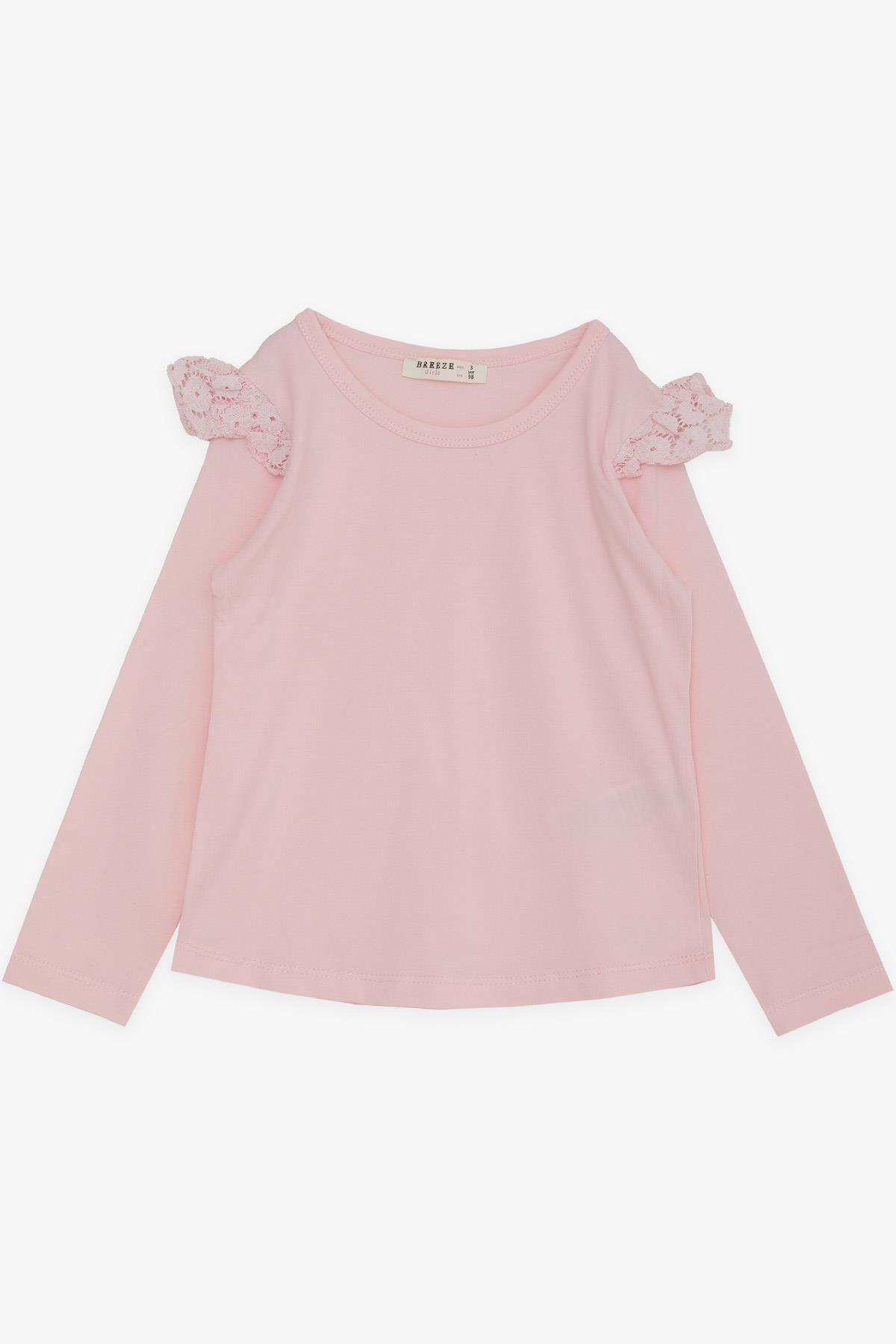 Breeze Kız Çocuk Uzun Kollu Tişört Omuzu Güpürlü Pembe (3-7 Yaş)