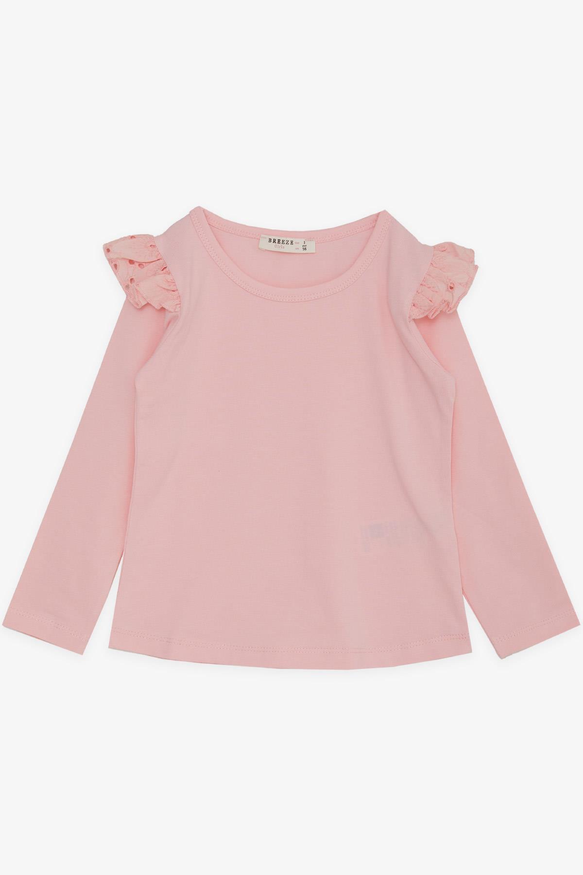 Breeze Kız Çocuk Uzun Kollu Tişört Omuzu Güpürlü Pembe (3-7 Yaş)