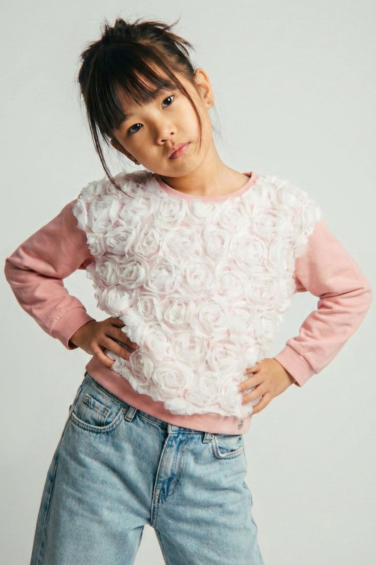 Breeze Kız Çocuk Uzun Kollu Tişört Organze Kabartmalı Gül Detaylı Gülkurusu (6-12 Yaş)