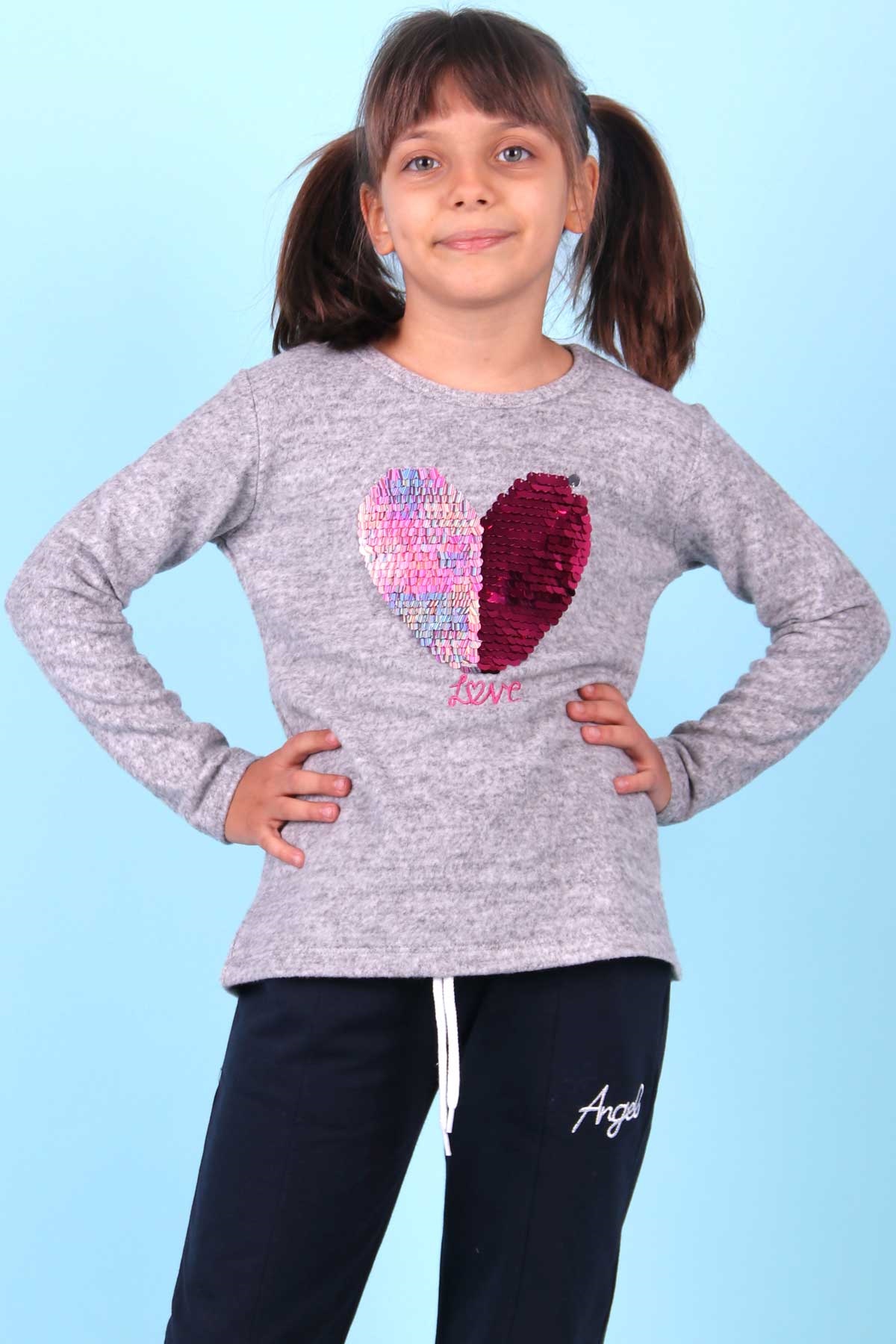 Breeze Kız Çocuk Uzun Kollu Tişört Polar Pullu Nakışlı Gri (8-12 Yaş)