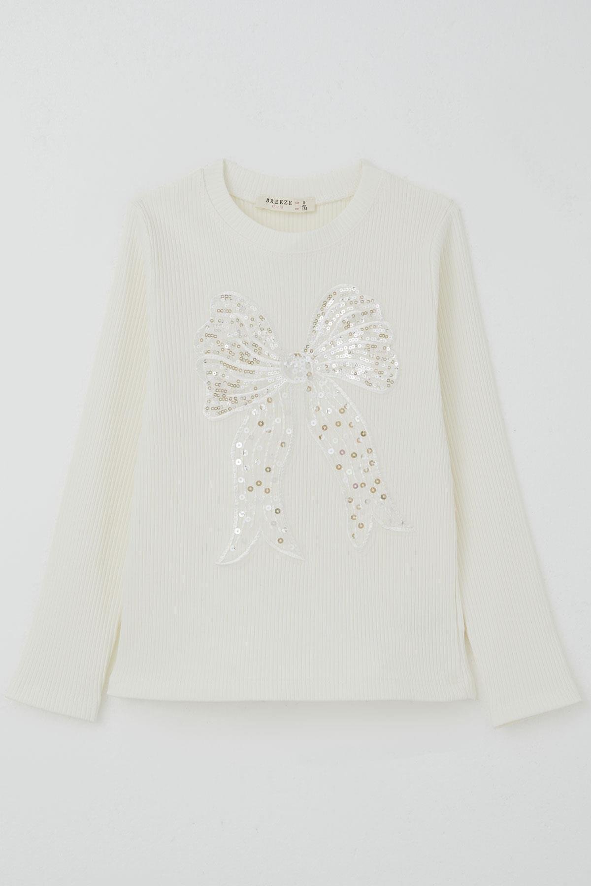 Breeze Kız Çocuk Uzun Kollu Tişört Pullu Fiyonk Armalı Ekru (8-12 Yaş)