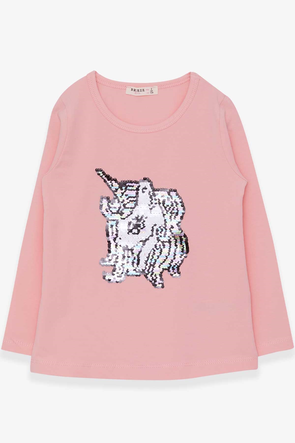 Breeze Kız Çocuk Uzun Kollu Tişört Pullu Unicorn Pudra (4-8 Yaş)