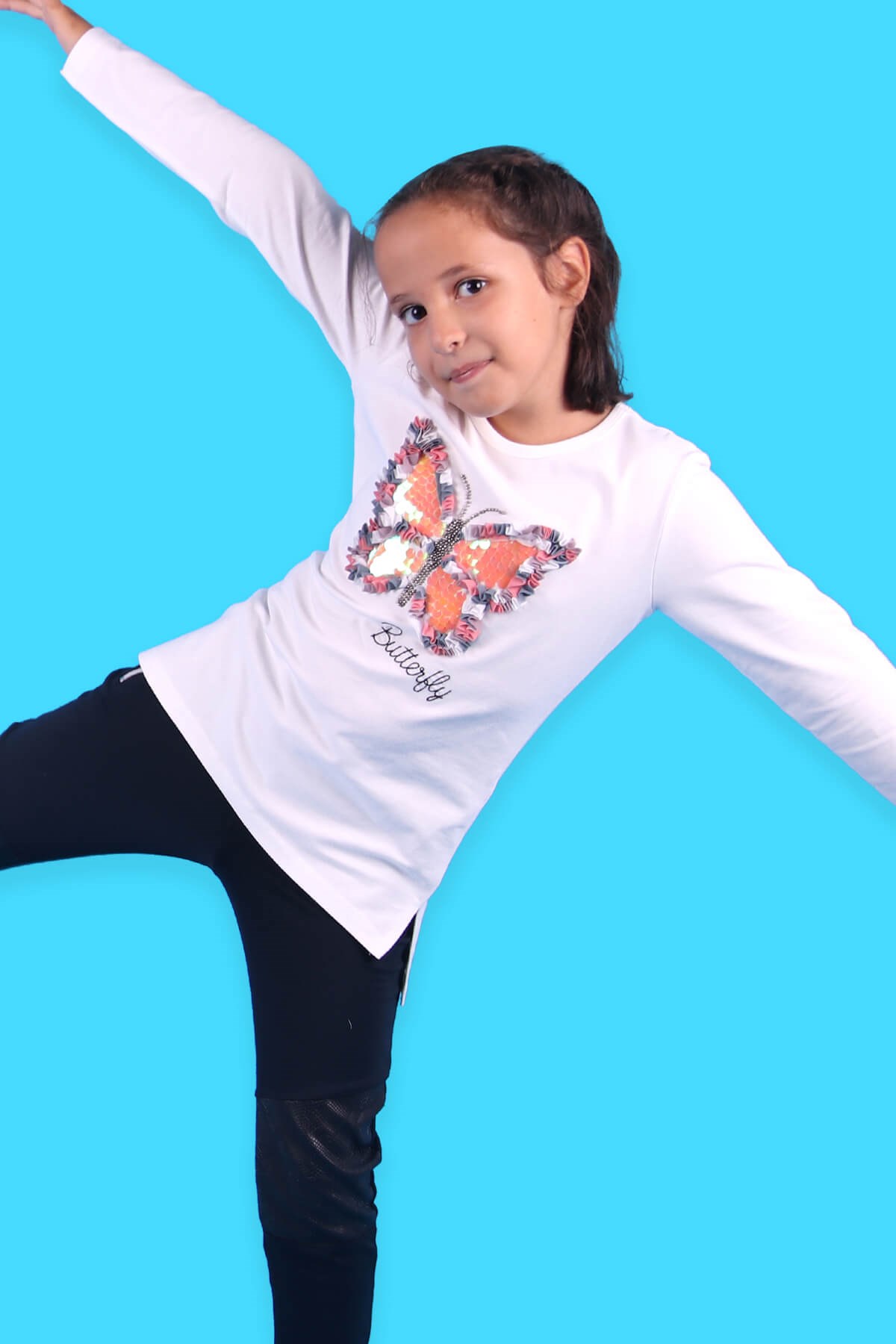 Breeze Kız Çocuk Uzun Kollu Tişört Pullu Kelebekli Ekru (5-10 Yaş)