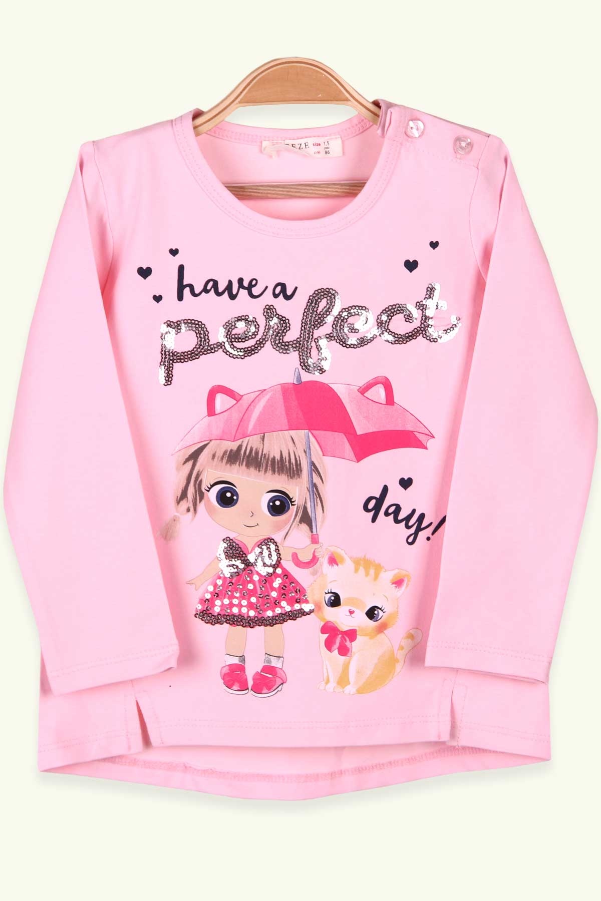 Breeze Kız Çocuk Uzun Kollu Tişört Şemsiyeli Kedili Kız Pudra (1.5-5 Yaş)