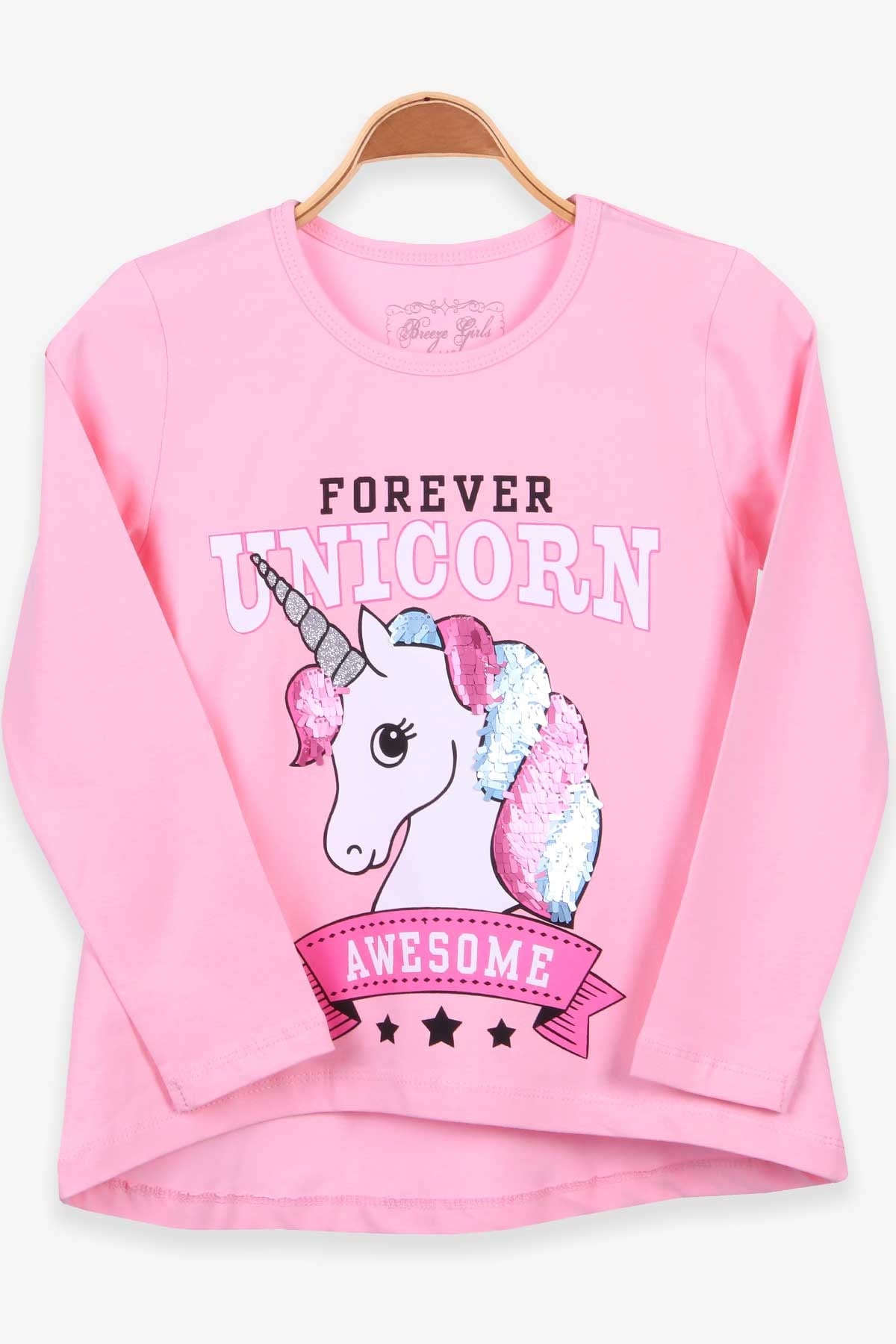 Breeze Kız Çocuk Uzun Kollu Tişört Unicorn Pudra (5-10 Yaş)