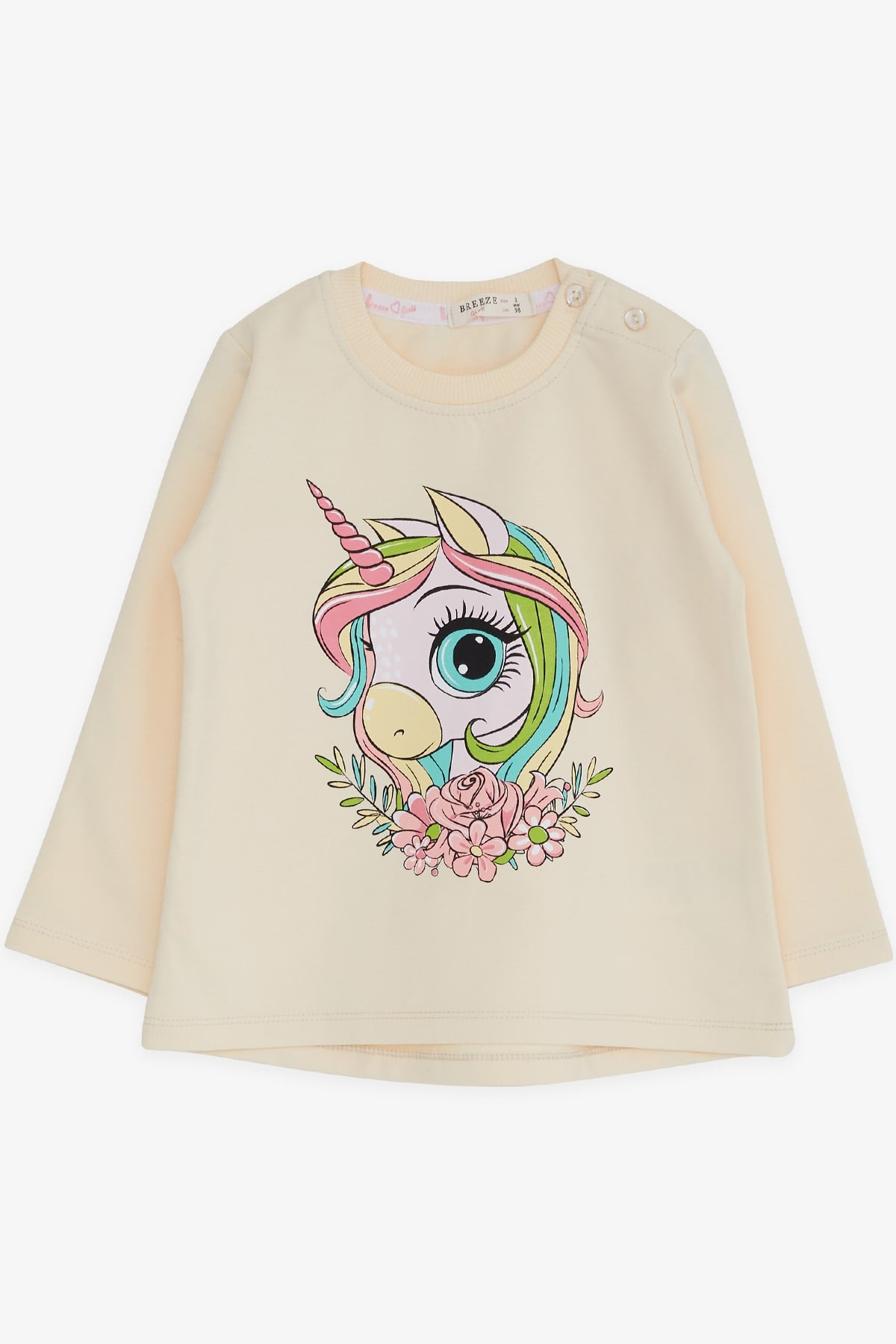 Breeze Kız Çocuk Uzun Kollu Tişört Unicorn Baskılı Krem (1.5-5 Yaş)
