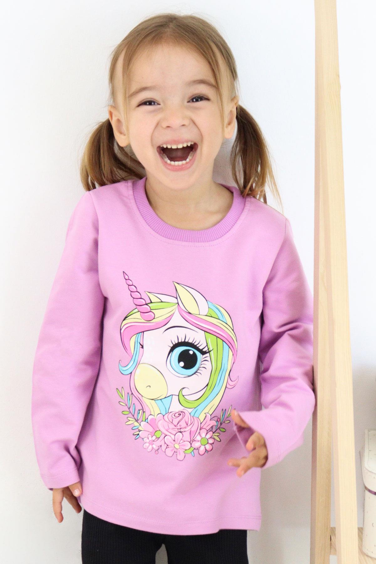 Breeze Kız Çocuk Uzun Kollu Tişört Unicorn Baskılı Lila (1.5-4 Yaş)