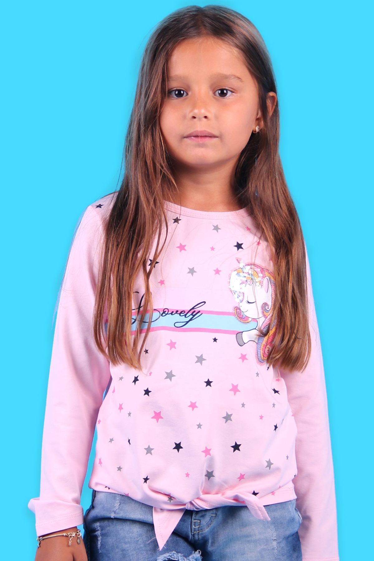 Breeze Kız Çocuk Uzun Kollu Tişört Unikorn Baskılı Pul İşlemeli Pudra (4-8 Yaş)