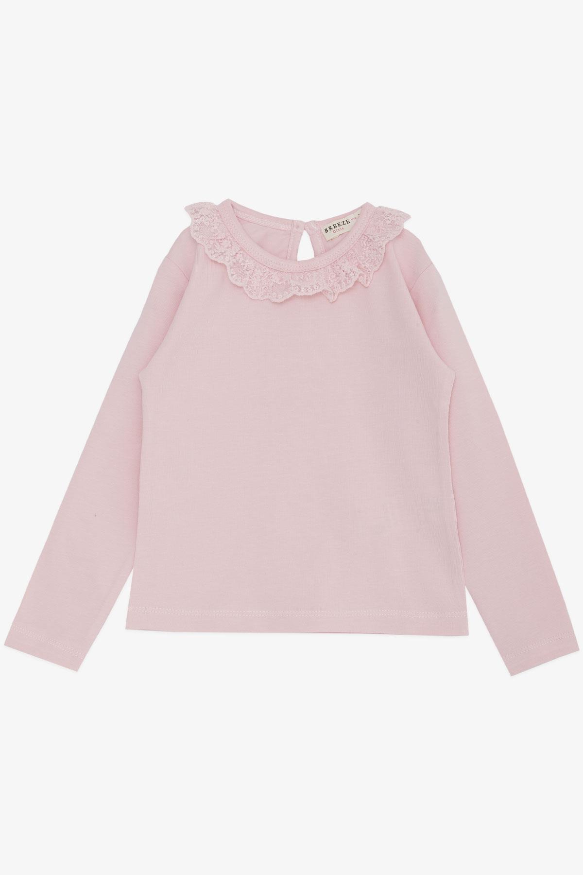 Breeze Kız Çocuk Uzun Kollu Tişört Yakası Güpürlü Pembe (1-4 Yaş)