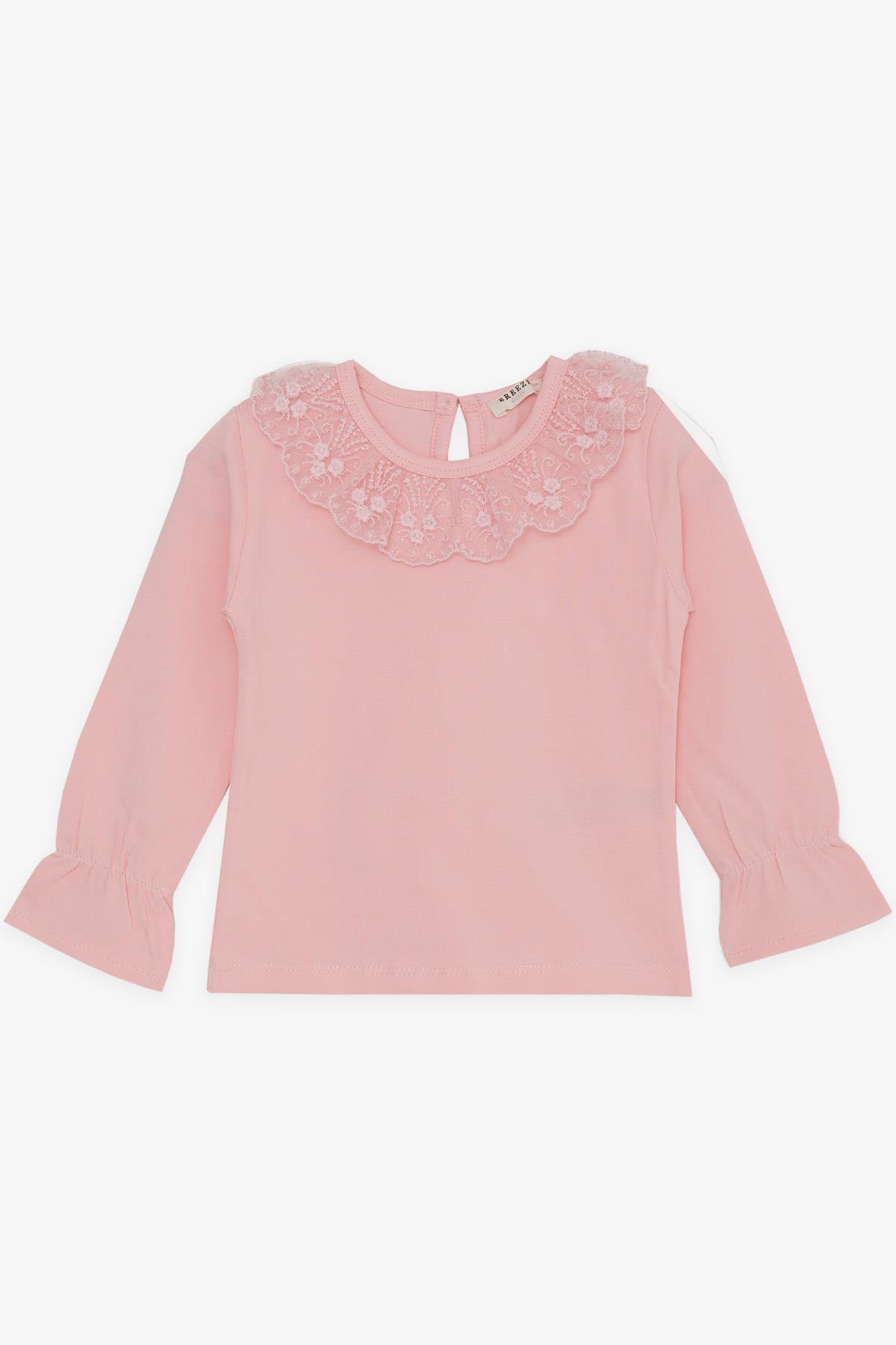 Breeze Kız Çocuk Uzun Kollu Tişört Yakası Güpürlü Nakışlı Kolları Lastikli Pembe (1-4 Yaş)